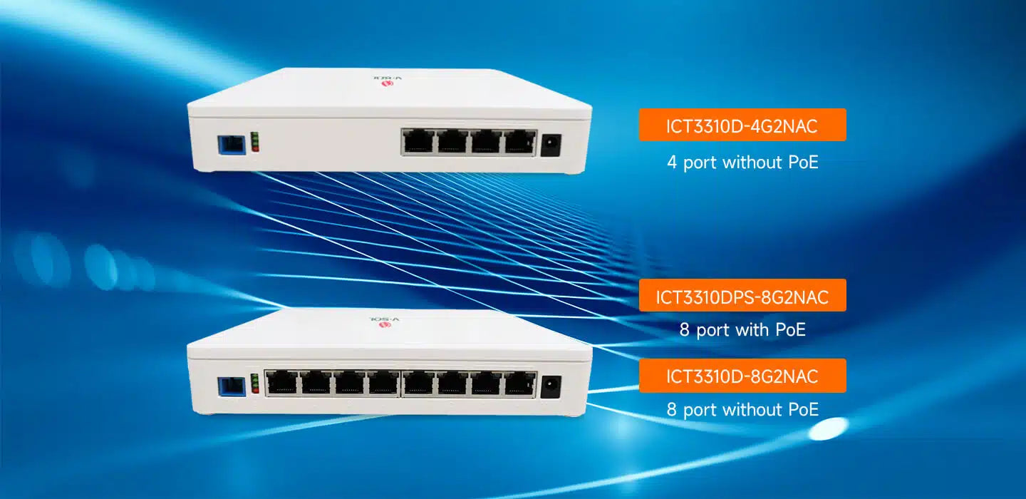 8GE+WiFi 5 ICT Model: ICT3310DPS-8G2NAC Spec: 1*XPON+8*GE+WiFi5+POE(optional) Weight: 320g 8GE+WiFi 5 ICT Model: ICT3310DPS-8G2NAC Spec: 1*XPON+8*GE+WiFi5+POE(optional) Weight: 320g