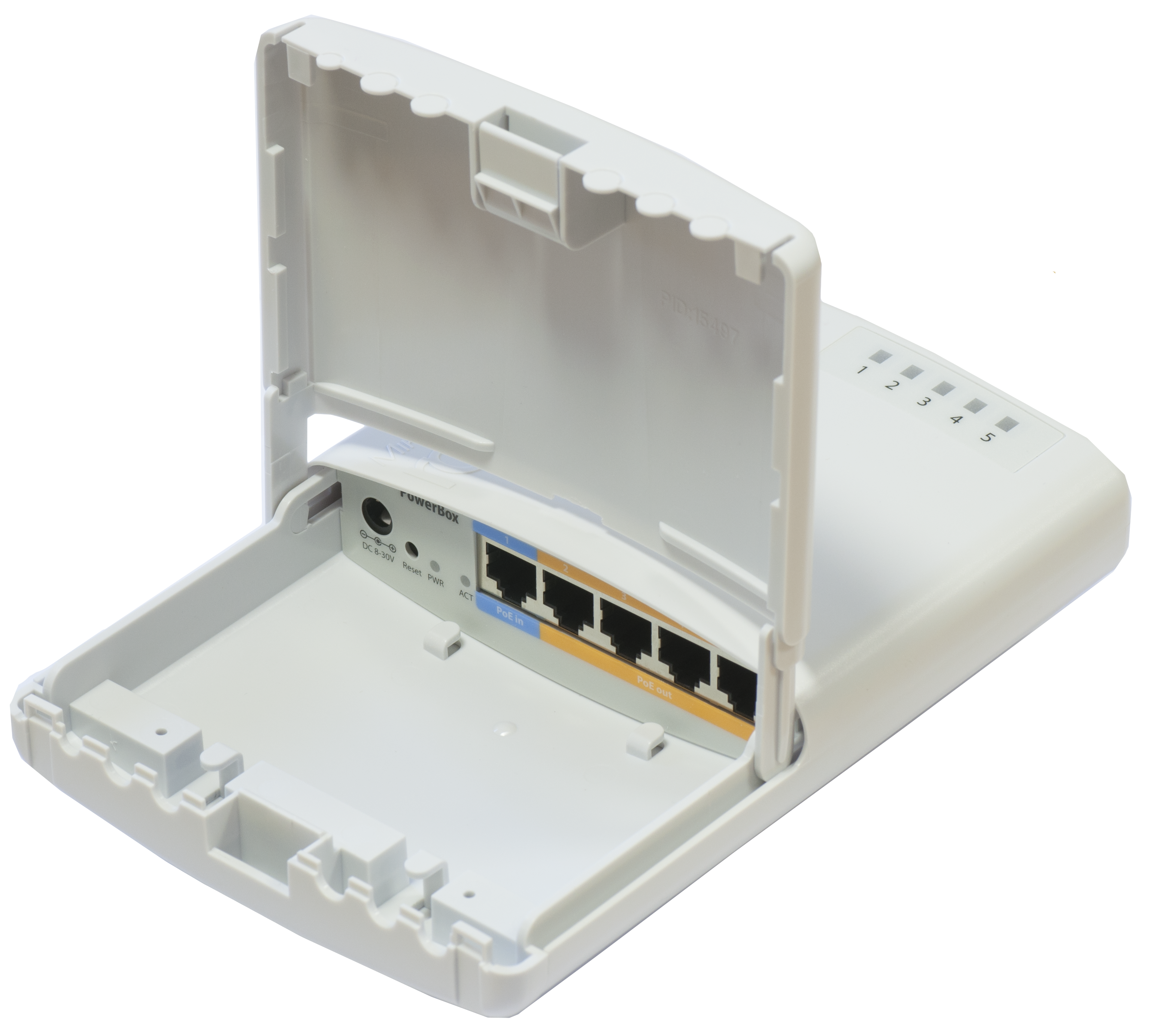 PowerBox: Outdoor 5-Port PoE Router 5 shielded Ethernet ports with PoE output on 4 ports Waterproof outdoor case for tower or outdoor mounting Supplies power to 4 PoE capable devices (max 1A per port, 2A total) Reduces need for power adapters and cables Ideal for outdoor networks and PoE devices like SXT A rugged and reliable outdoor router for powering and connecting PoE devices in harsh environments. PowerBox: Outdoor 5-Port PoE Router 5 shielded Ethernet ports with PoE output on 4 ports Waterproof outdoor case for tower or outdoor mounting Supplies power to 4 PoE capable devices (max 1A per port, 2A total) Reduces need for power adapters and cables Ideal for outdoor networks and PoE devices like SXT A rugged and reliable outdoor router for powering and connecting PoE devices in harsh environments.