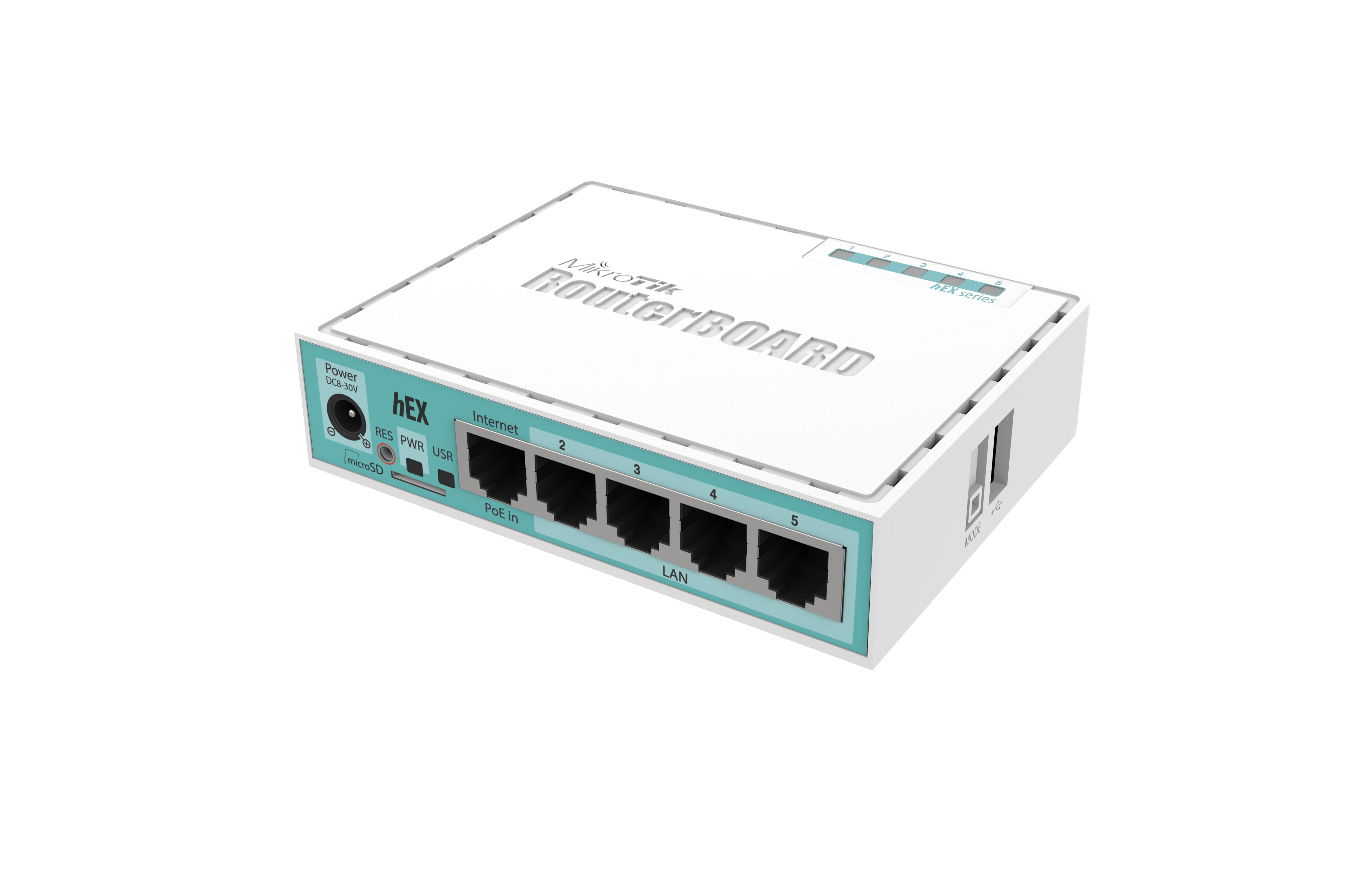 Compact and powerful, the hEX is a 5-port Gigabit Ethernet router perfect for wired networks. With a fast dual-core CPU and 256MB RAM, it supports advanced configurations and features like IPsec hardware encryption and The Dude server package. Plus, a full-size USB port and microSD slot offer flexible storage options Compact and powerful, the hEX is a 5-port Gigabit Ethernet router perfect for wired networks. With a fast dual-core CPU and 256MB RAM, it supports advanced configurations and features like IPsec hardware encryption and The Dude server package. Plus, a full-size USB port and microSD slot offer flexible storage options