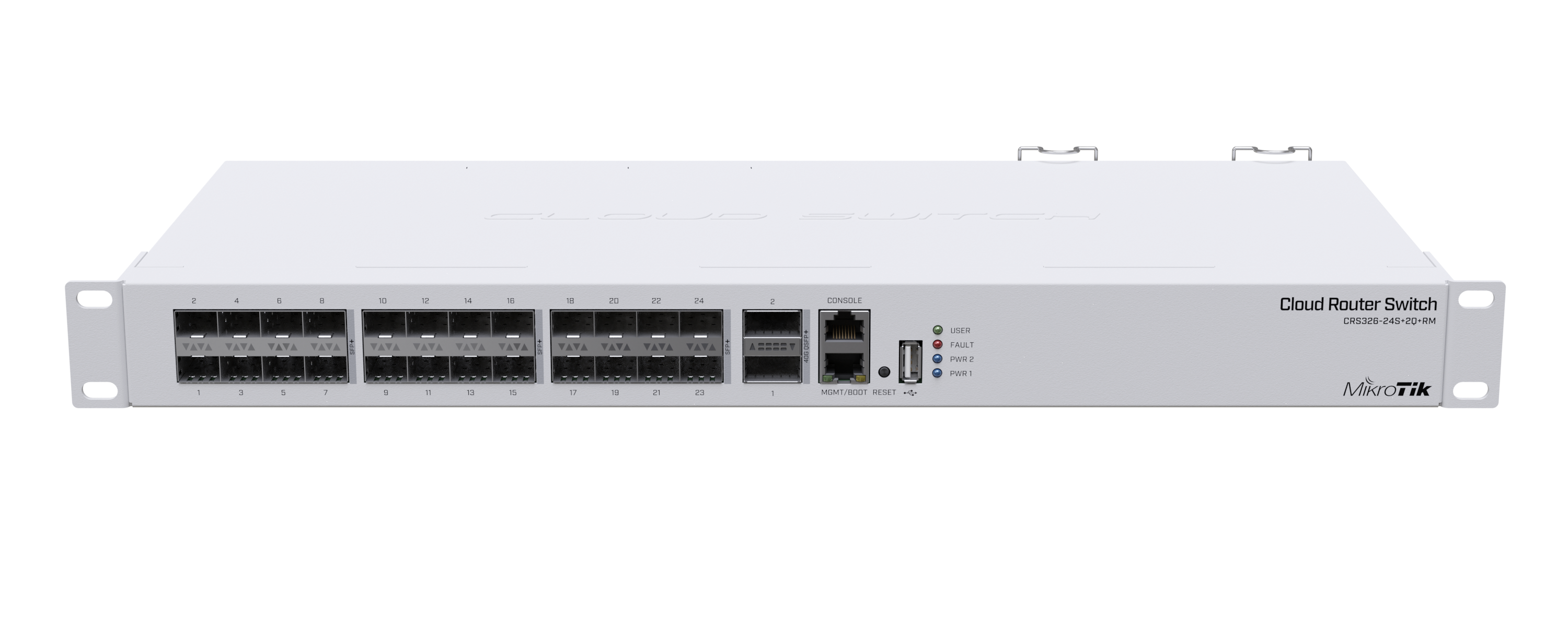 CRS326-24S+2Q+RM: High-Performance Switch for Demanding Networks 2x 40 Gbps QSFP+ ports for fast fiber connections 24x 10 Gbps SFP+ ports for high-bandwidth applications Non-blocking throughput of 320 Gbps and switching capacity of 640 Gbps Easy management with USB port and dual power supply for redundancy Choose between RouterOS and SwOS operating systems Ideal for data centers, internet access providers, and high-demand networks. CRS326-24S+2Q+RM: High-Performance Switch for Demanding Networks 2x 40 Gbps QSFP+ ports for fast fiber connections 24x 10 Gbps SFP+ ports for high-bandwidth applications Non-blocking throughput of 320 Gbps and switching capacity of 640 Gbps Easy management with USB port and dual power supply for redundancy Choose between RouterOS and SwOS operating systems Ideal for data centers, internet access providers, and high-demand networks.