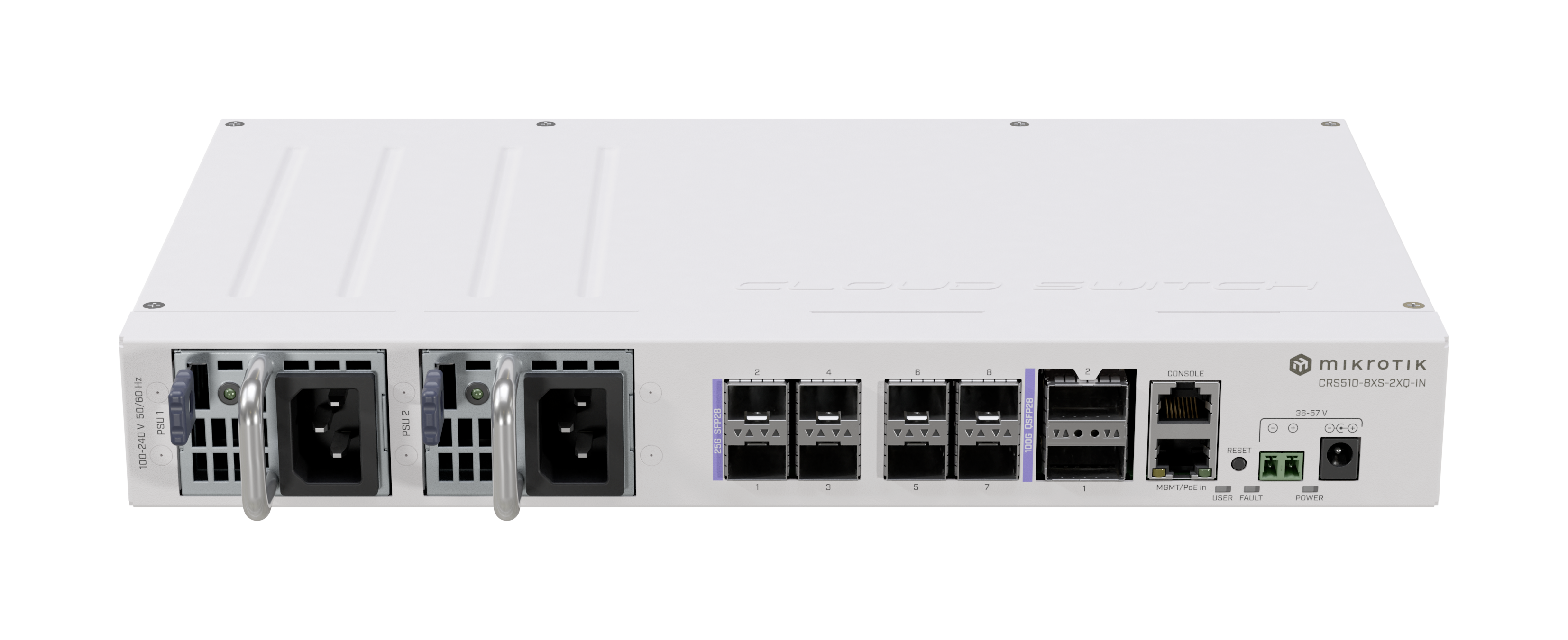 CRS510-8XS-2XQ-IN A versatile 100 Gigabit switch that offers speed, value, and diverse connectivity options. 2x 100 Gigabit QSFP28 ports, 8x 25 Gigabit SFP28 ports, dual hot-swap power supplies. CRS510-8XS-2XQ-IN A versatile 100 Gigabit switch that offers speed, value, and diverse connectivity options. 2x 100 Gigabit QSFP28 ports, 8x 25 Gigabit SFP28 ports, dual hot-swap power supplies.