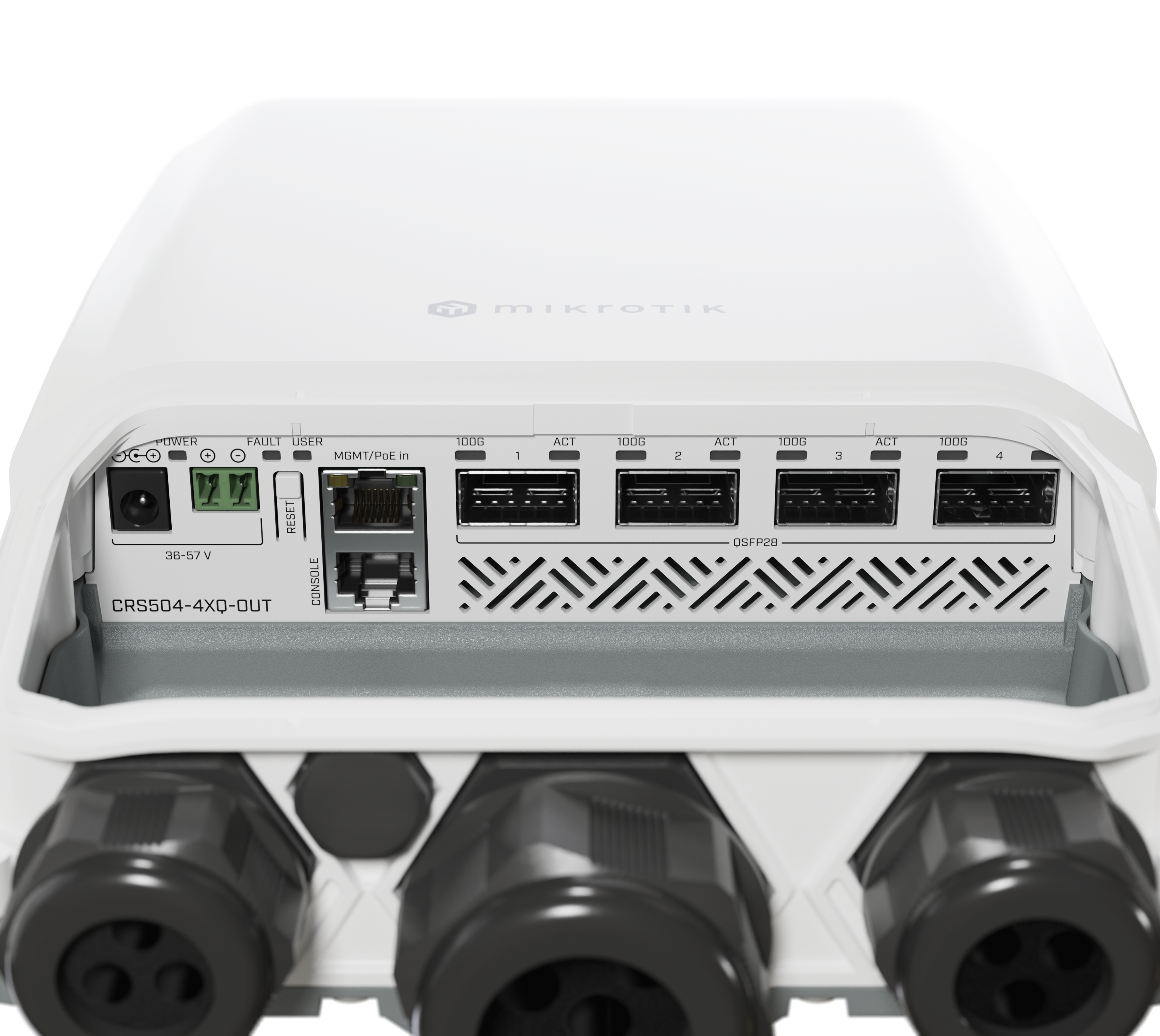 CRS504-4XQ-OUT Affordable, compact, energy-efficient 100 Gbps networking anytime, ANYWHERE! IP66 weatherproof enclosure, 4x 100 Gigabit ports, multiple powering options. CRS504-4XQ-OUT Affordable, compact, energy-efficient 100 Gbps networking anytime, ANYWHERE! IP66 weatherproof enclosure, 4x 100 Gigabit ports, multiple powering options.