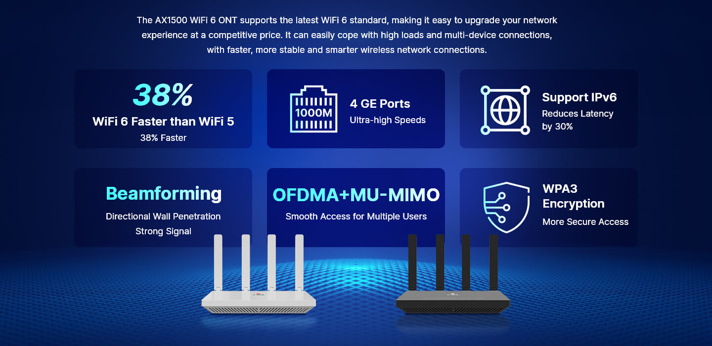 1XPON+4GE+1USB3.0+CATV+WiFi6 HGU ONT Model: V2804AX15T Spec: 1*XPON+4*GE+WiFi6(AX1500)+1*USB3.0+CATV Weight: 450g 1XPON+4GE+1USB3.0+CATV+WiFi6 HGU ONT Model: V2804AX15T Spec: 1*XPON+4*GE+WiFi6(AX1500)+1*USB3.0+CATV Weight: 450g