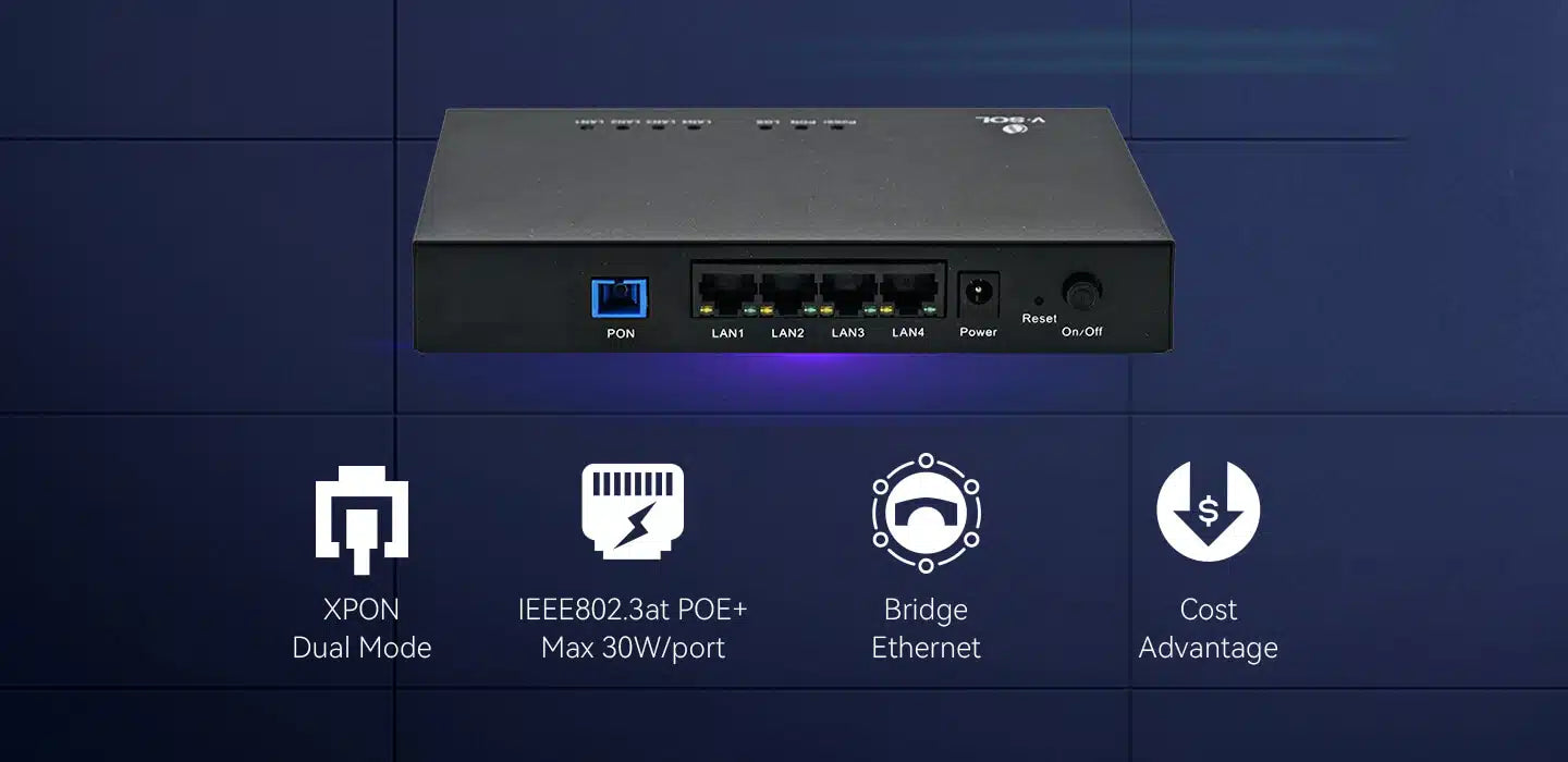 1GE+3FE POE XPON ONU Model: V2820D-1G3FPS Sepc: 1×XPON+1×GE(POE+)+3×FE(POE+) 1GE+3FE POE XPON ONU Model: V2820D-1G3FPS Sepc: 1×XPON+1×GE(POE+)+3×FE(POE+)