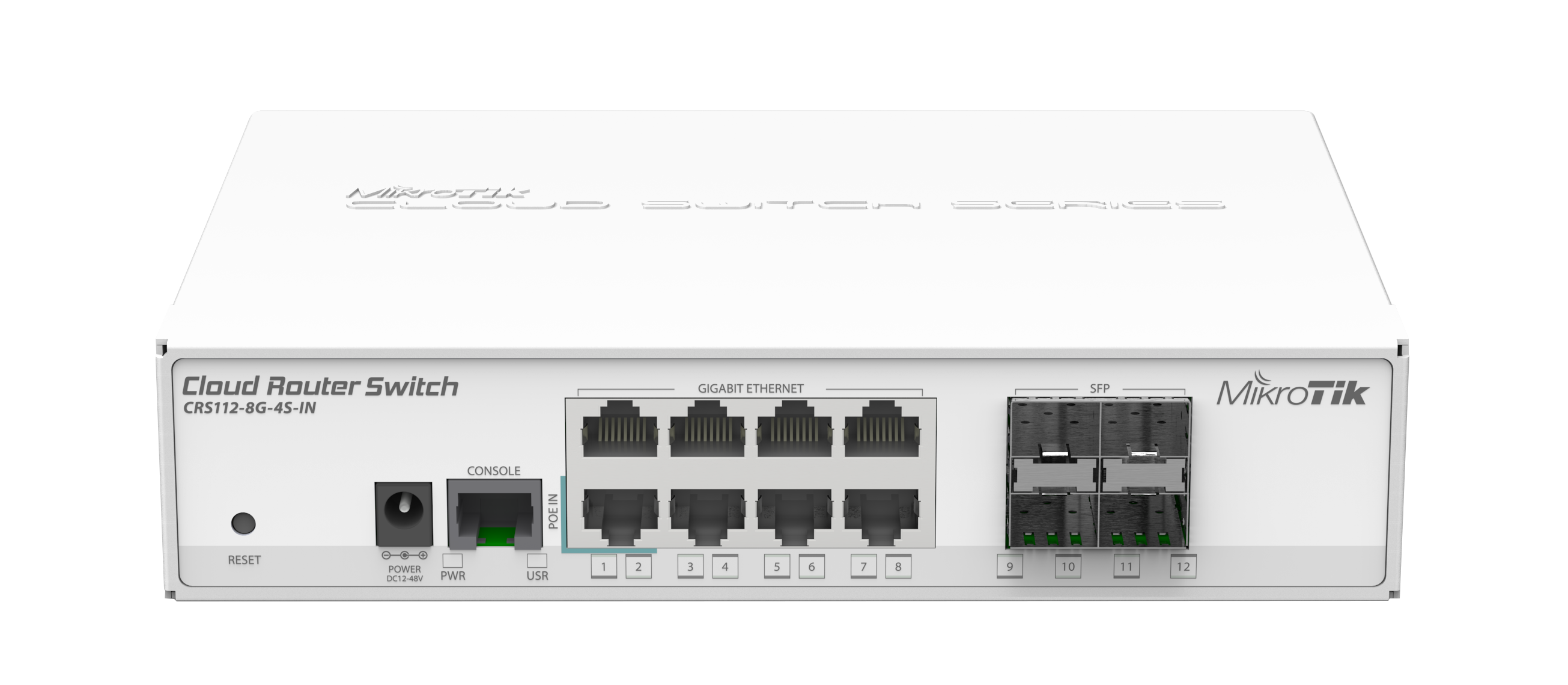 Compact and affordable, the Cloud Router Switch 112-8G-4S-IN combines routing and switching functionality with 8 Gigabit Ethernet ports and 4 SFP cages. Powered by RouterOS, it's ideal for small networks, branch offices, and service providers seeking flexibility and high-speed connectivity.