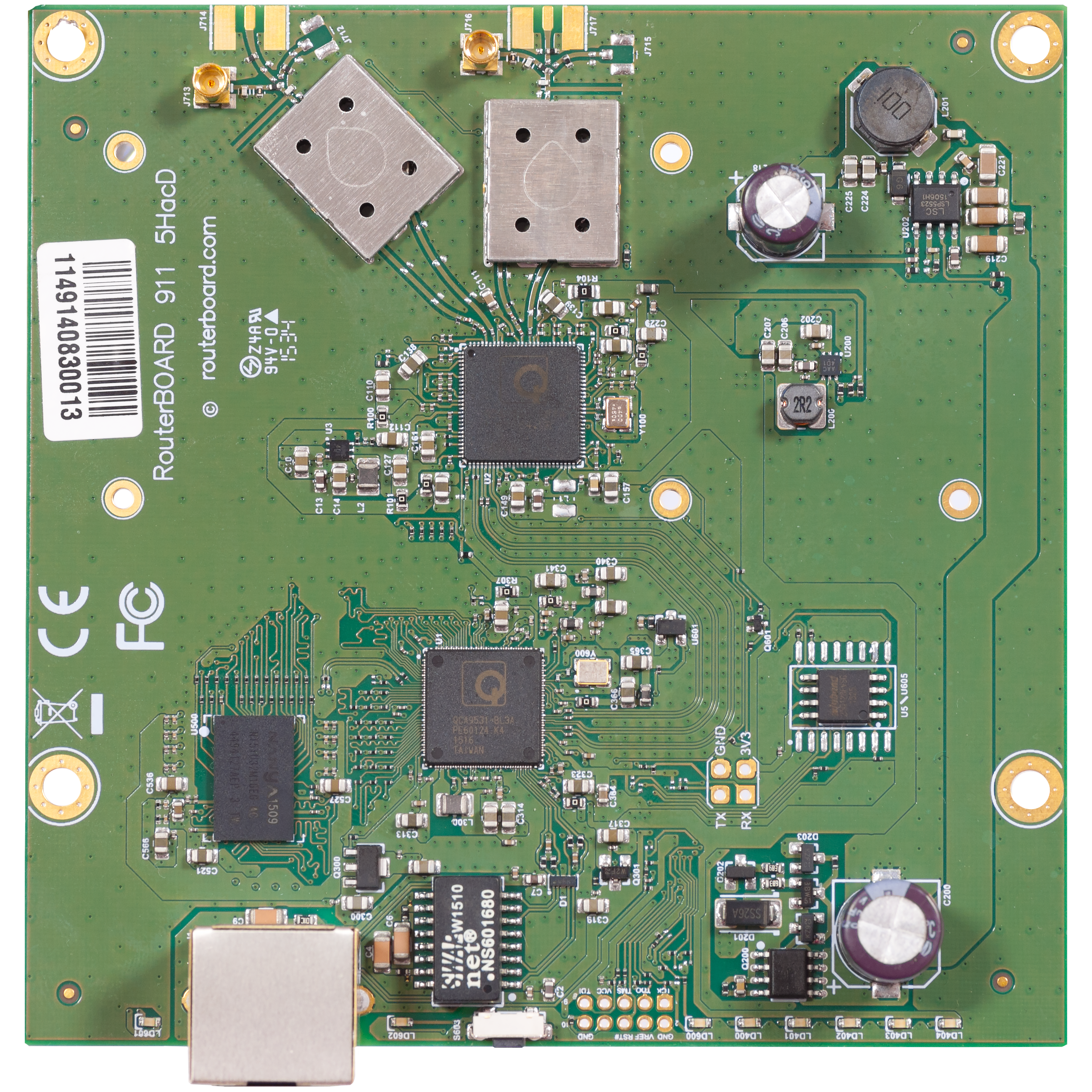 911 Lite5 ac: A compact, powerful CPE-type RouterBOARD with 5GHz dual-chain wireless, 802.11ac support, and 650MHz CPU, ideal for custom 5GHz CPE or Backhaul units