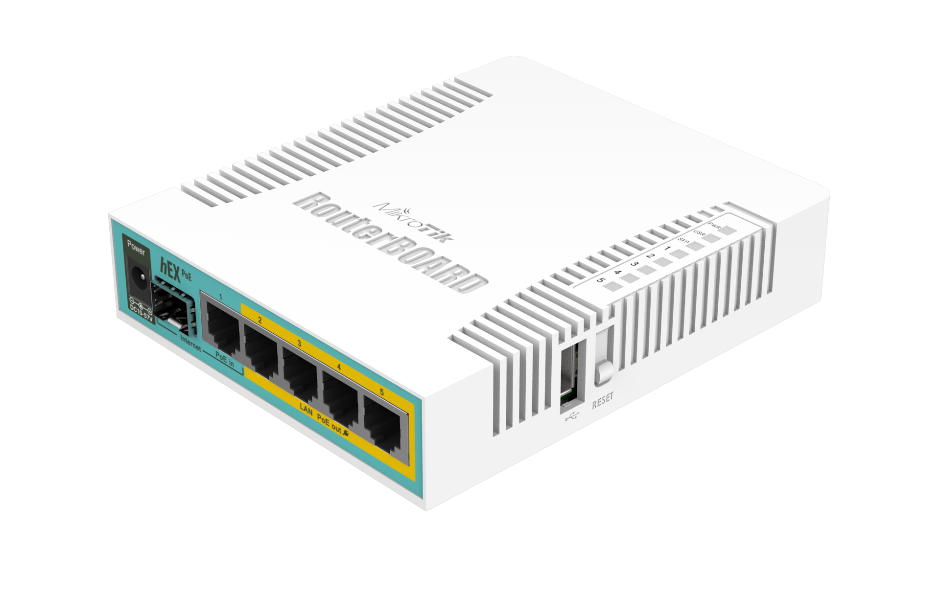 hEX PoE: 5-Port Gigabit Ethernet Router 5 Gigabit Ethernet ports with PoE output USB & SFP ports for added connectivity Powerful 800MHz CPU for advanced configurations Compact, affordable, and easy to use Ideal for wired networks without wireless needs