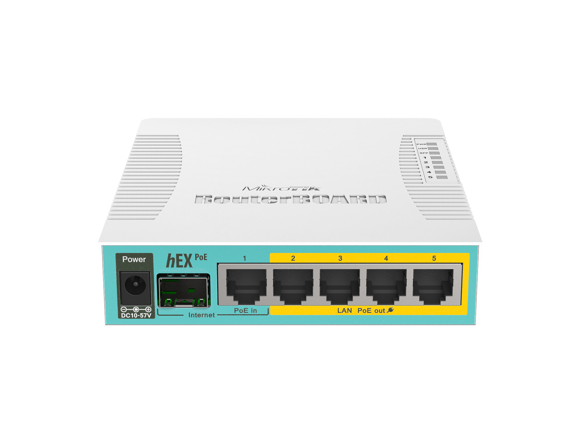 hEX PoE: 5-Port Gigabit Ethernet Router 5 Gigabit Ethernet ports with PoE output USB & SFP ports for added connectivity Powerful 800MHz CPU for advanced configurations Compact, affordable, and easy to use Ideal for wired networks without wireless needs