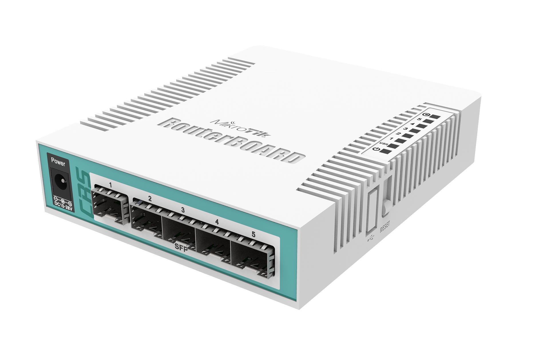 CRS106-1C-5S Smart Switch, 5x SFP cages, 1x Combo port (SFP or Gigabit Ethernet), 400MHz CPU, 128MB RAM, desktop case, RouterOS L5