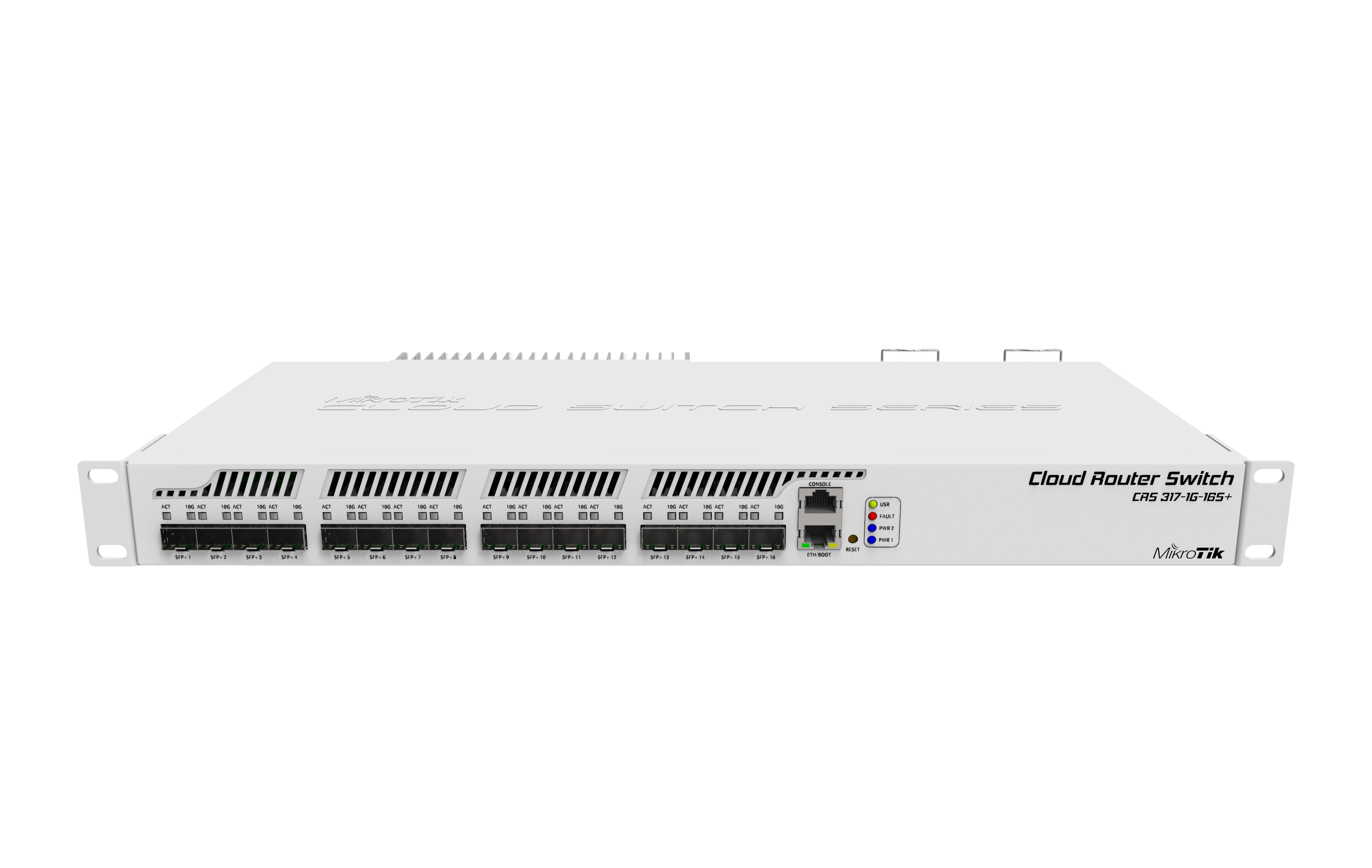 CRS317-1G-16S+RM Smart Switch, 1 x Gigabit LAN, 16 x SFP+ cages, Dual Core 800MHz CPU, 1GB RAM, 1U rackmount passive cooling case, Dual Power Supplies