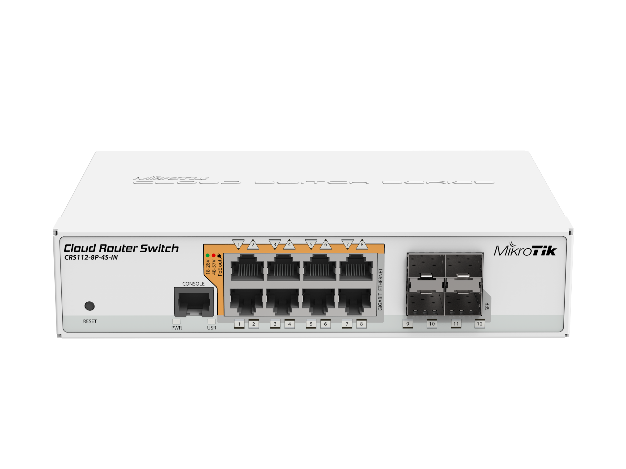 CRS112-8P-4S-IN 8x Gigabit Ethernet Smart Switch with PoE-out, 4x SFP cages, 400MHz CPU, 128MB RAM, desktop case, RouterOS L5