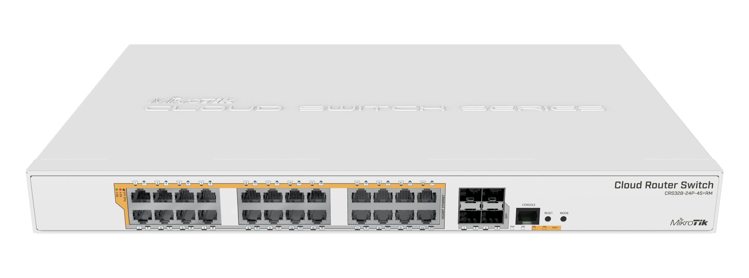 CRS328-24P-4S+RM 24 port Gigabit Ethernet router/switch with four 10Gbps SFP+ ports in 1U rackmount case, Dual Boot and PoE output, 500W