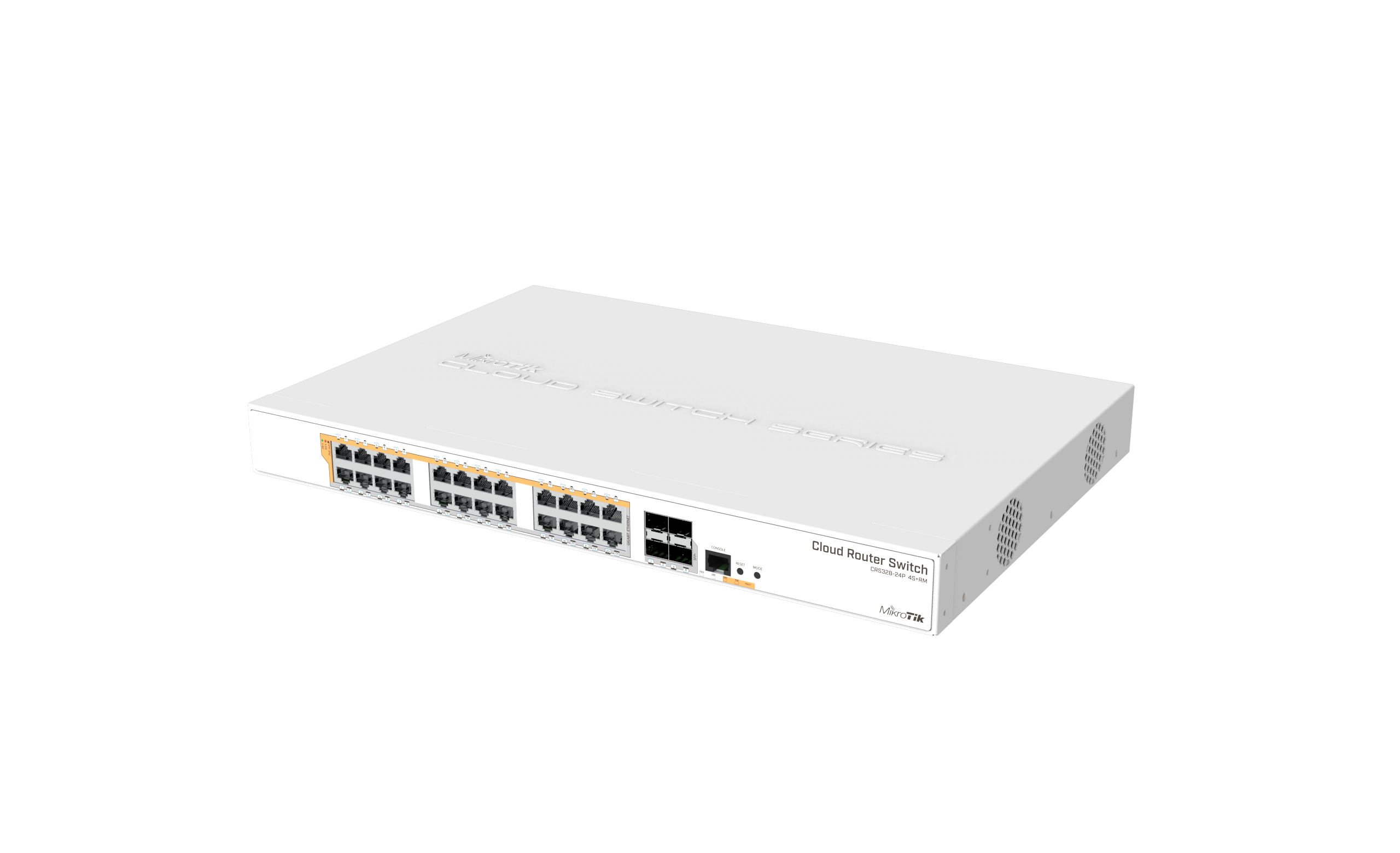 CRS328-24P-4S+RM 24 port Gigabit Ethernet router/switch with four 10Gbps SFP+ ports in 1U rackmount case, Dual Boot and PoE output, 500W