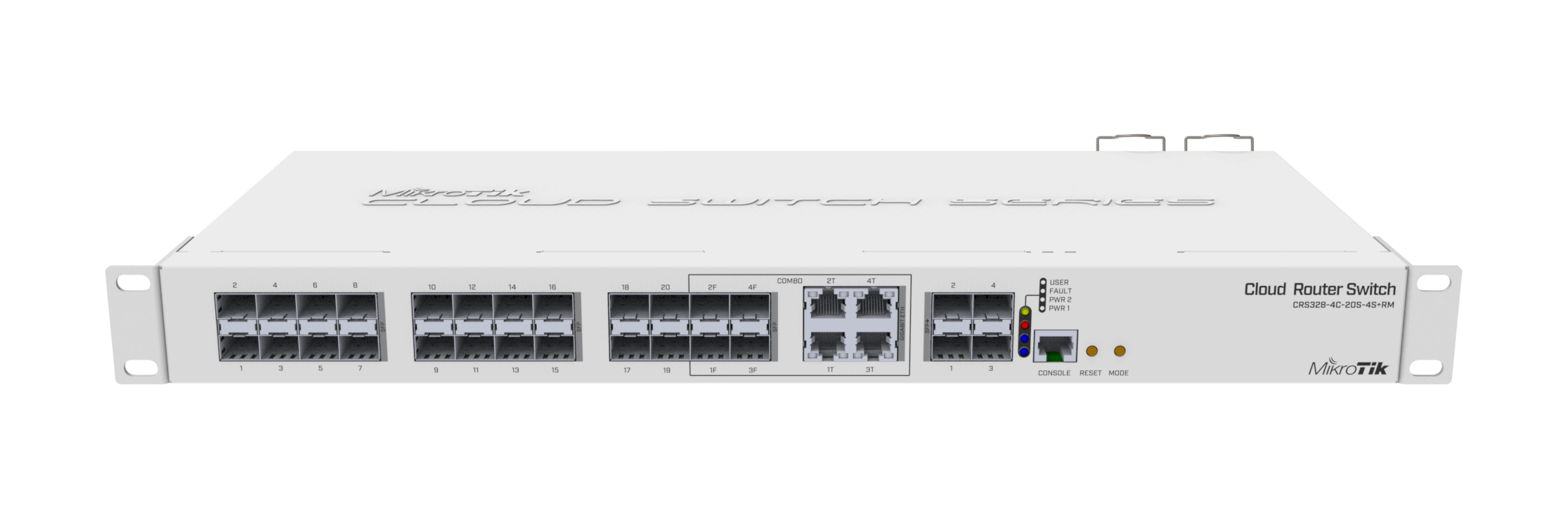 CRS328-4C-20S-4S+RM Smart Switch, 20 x SFP cages, 4 x SFP+ cages, 4 x Combo ports (Gigabit Ethernet or SFP), 800MHz CPU, 512MB RAM, 1U rackmount case, Dual Power Supplies, RouterOS L5 or SwitchOS (Dual Boot)