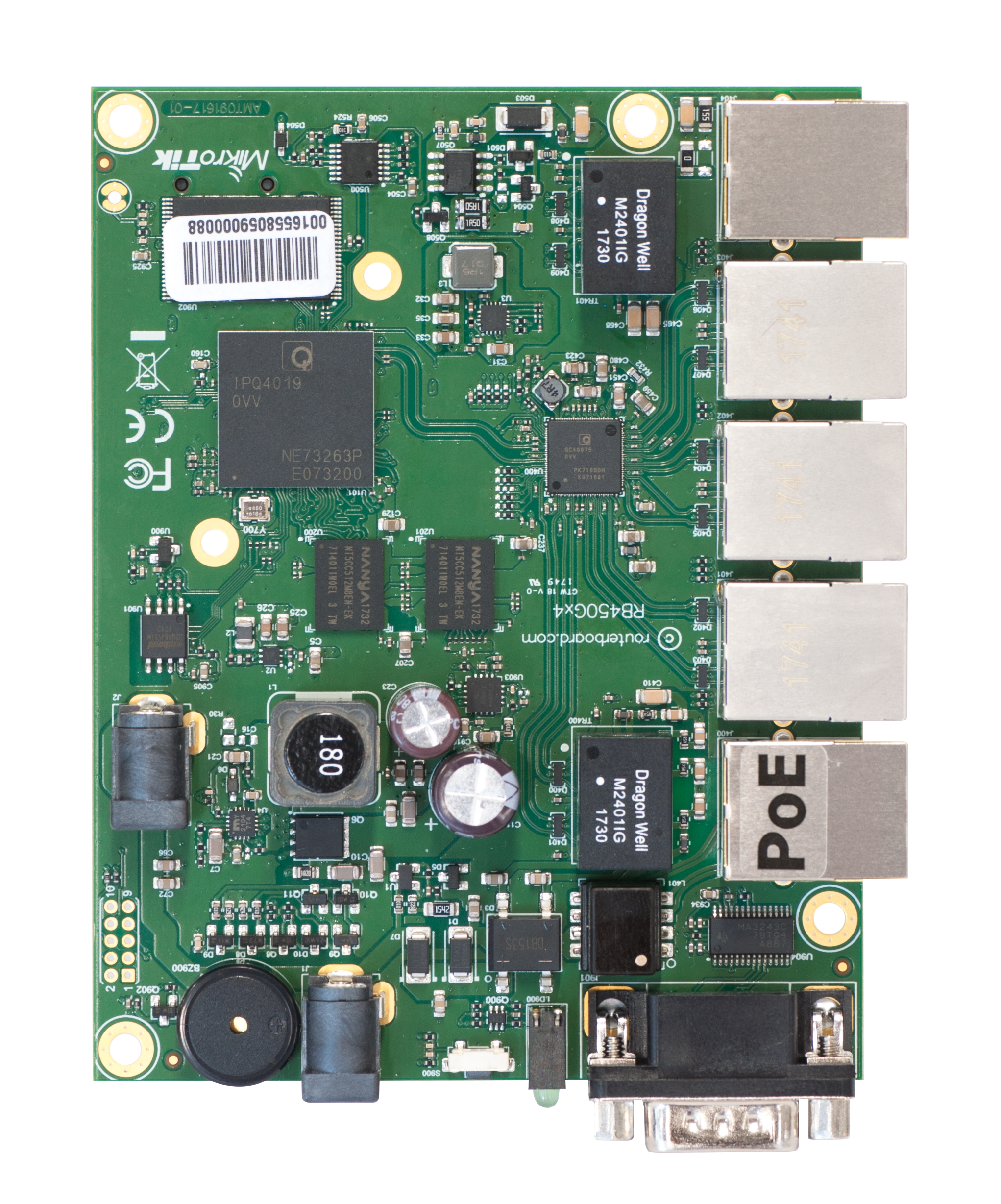 RB450Gx4 Board: A high-performance Ethernet router board with 5 Gigabit Ethernet ports, serial port, and microSD card slot, powered by MikroTik RouterOS and ideal for custom networking solutions