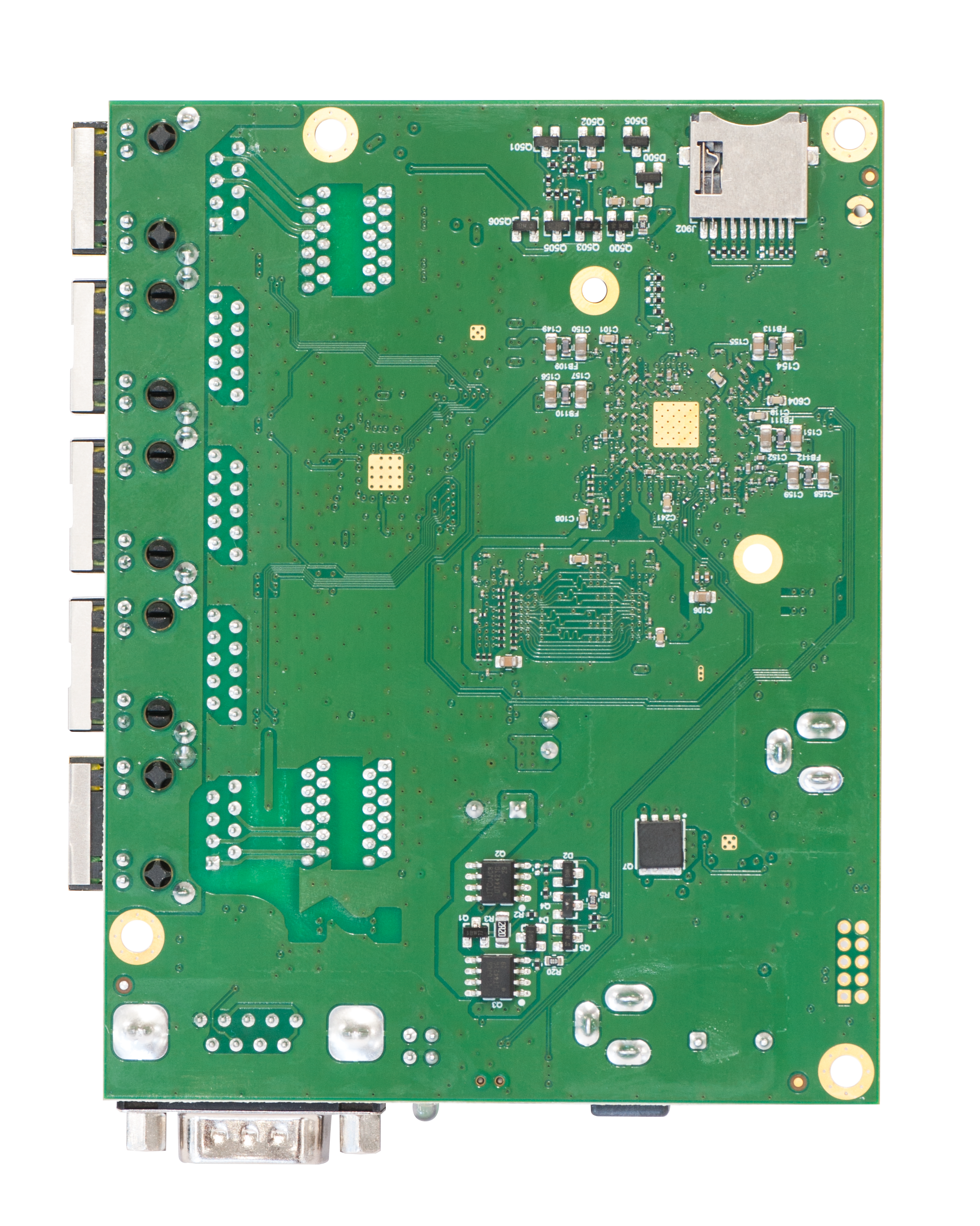 RB450Gx4 Board: A high-performance Ethernet router board with 5 Gigabit Ethernet ports, serial port, and microSD card slot, powered by MikroTik RouterOS and ideal for custom networking solutions