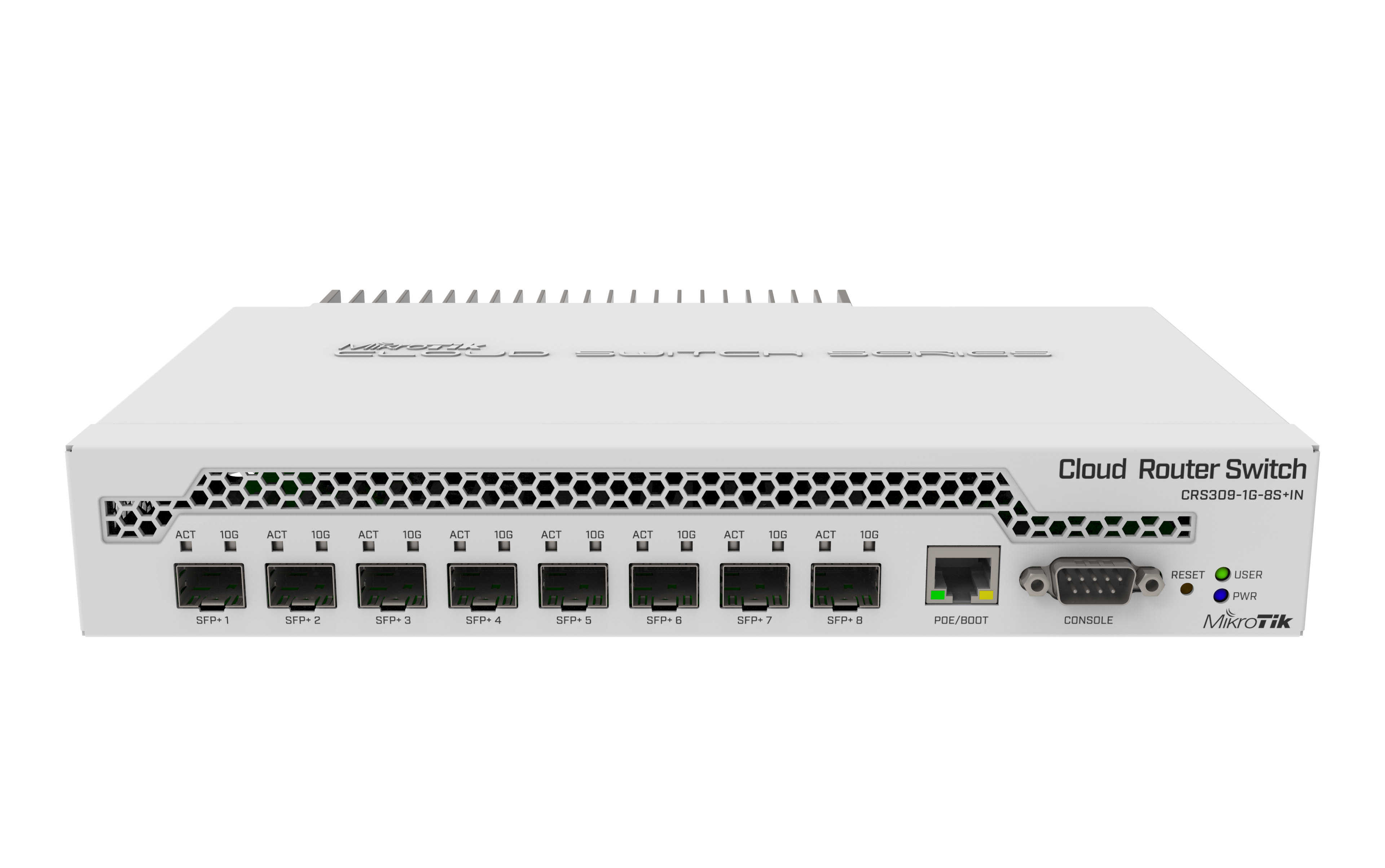 The CRS309-1G-8S+ is a very compact, yet powerful networking switch. It has eight SFP+ slots, supporting up to 10 Gbit module in each, which results in a total switching capacity of 162 Gbps and total non-blocking throughput of 81 Gbps.