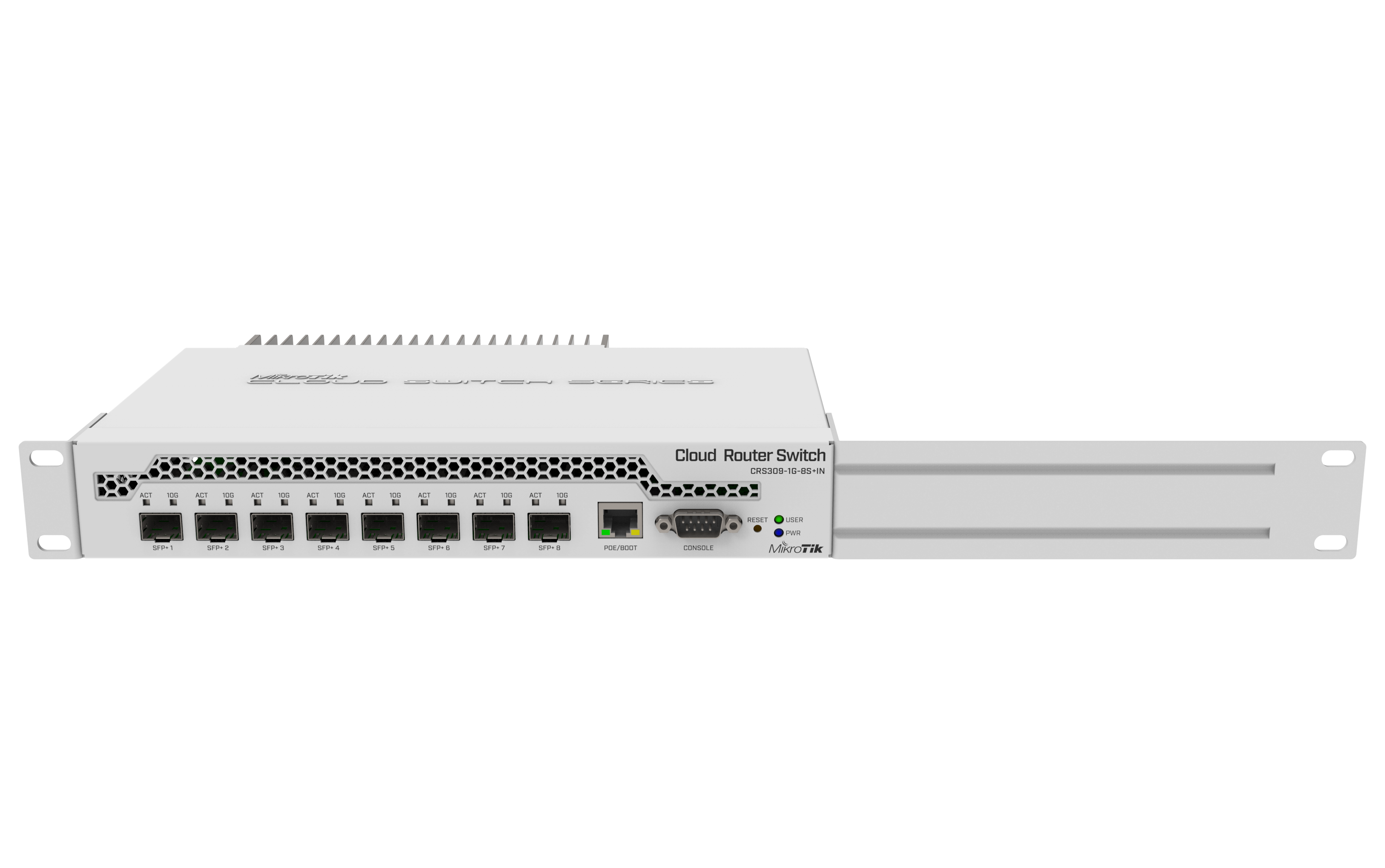 The CRS309-1G-8S+ is a very compact, yet powerful networking switch. It has eight SFP+ slots, supporting up to 10 Gbit module in each, which results in a total switching capacity of 162 Gbps and total non-blocking throughput of 81 Gbps.