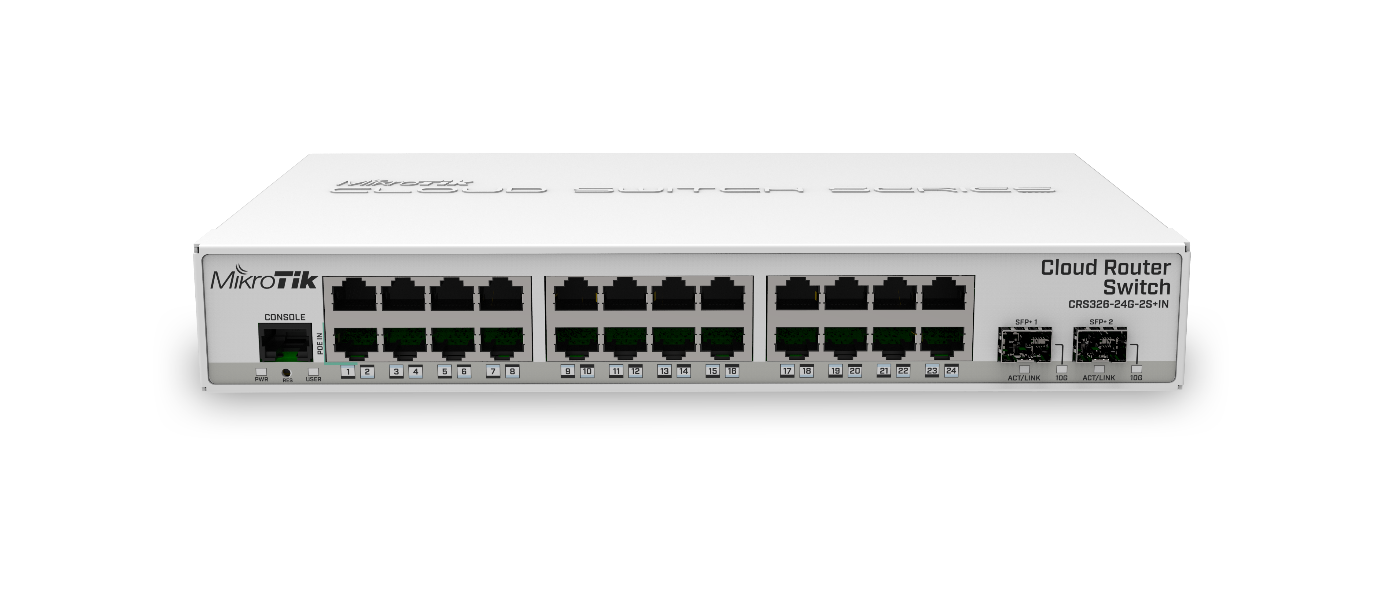 CRS326-24G-2S+IN 24 Gigabit ports, 2 SFP+ cages and a desktop case – server room power for your home!