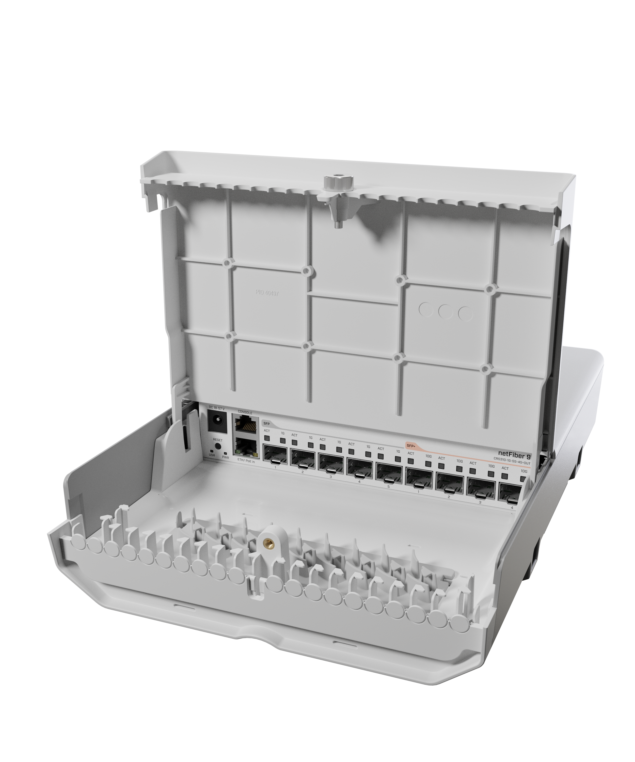 netFiber 9 A remarkable outdoor switch for setting up an optical 10G network that can even perform some light routing. The spiritual successor to the beloved FiberBox. Gigabit Ethernet, SFP/SFP+, PoE.