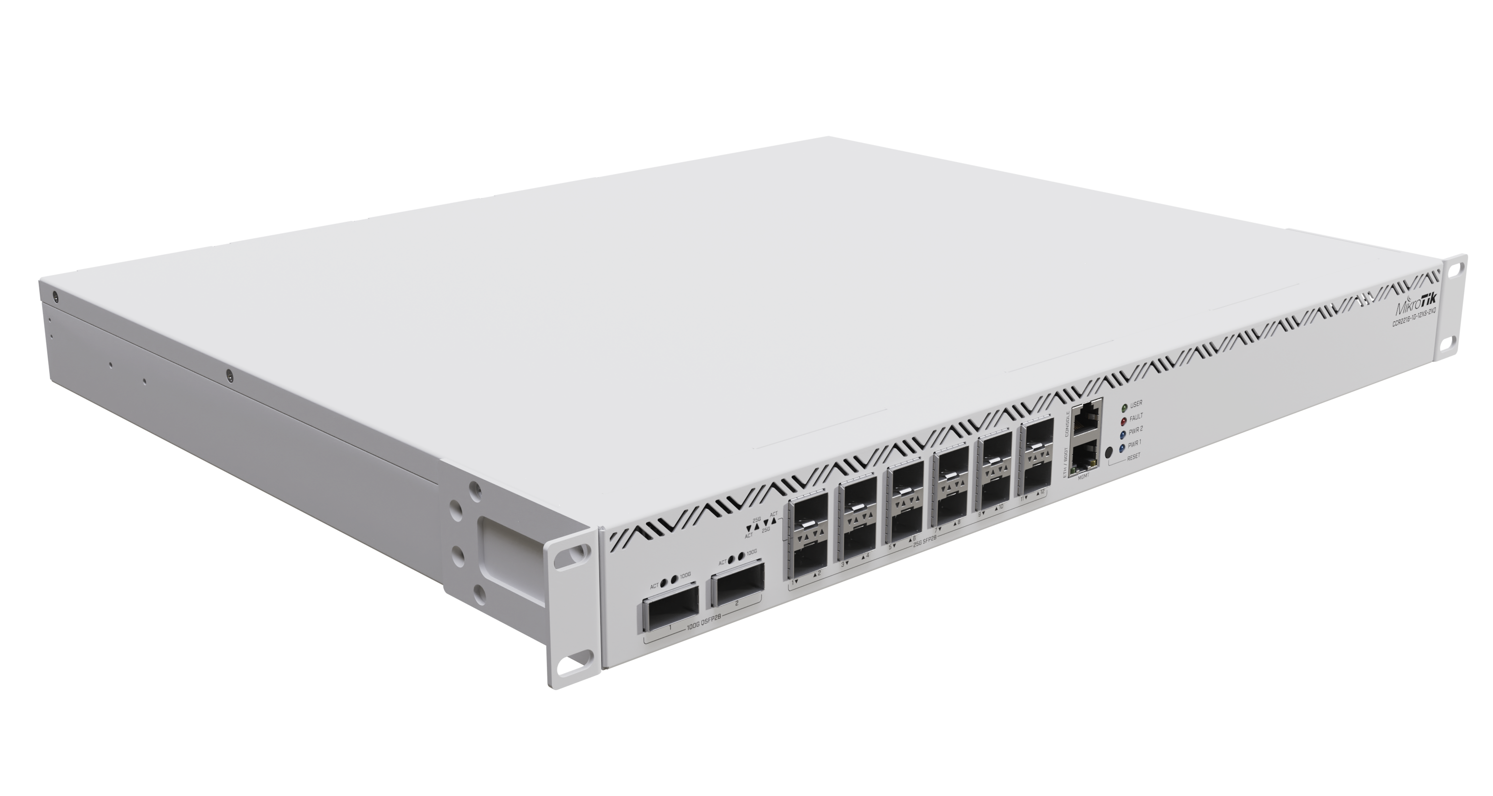 High-performance router with 16-core CPU, 16GB RAM, and 100GbE connectivity. Ideal for large-scale networks, data centers, and service providers. Features L3 Hardware Offloading, 12x SFP28, 2x QSFP28, and 1x Gigabit Ethernet port.