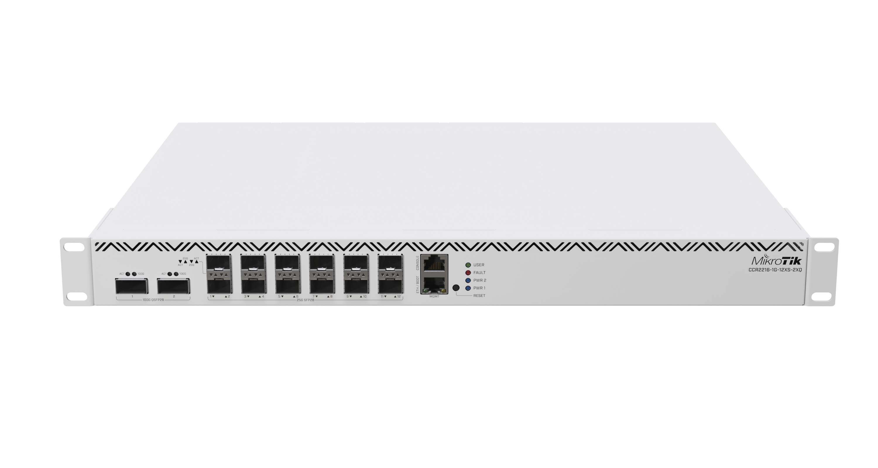 High-performance router with 16-core CPU, 16GB RAM, and 100GbE connectivity. Ideal for large-scale networks, data centers, and service providers. Features L3 Hardware Offloading, 12x SFP28, 2x QSFP28, and 1x Gigabit Ethernet port.