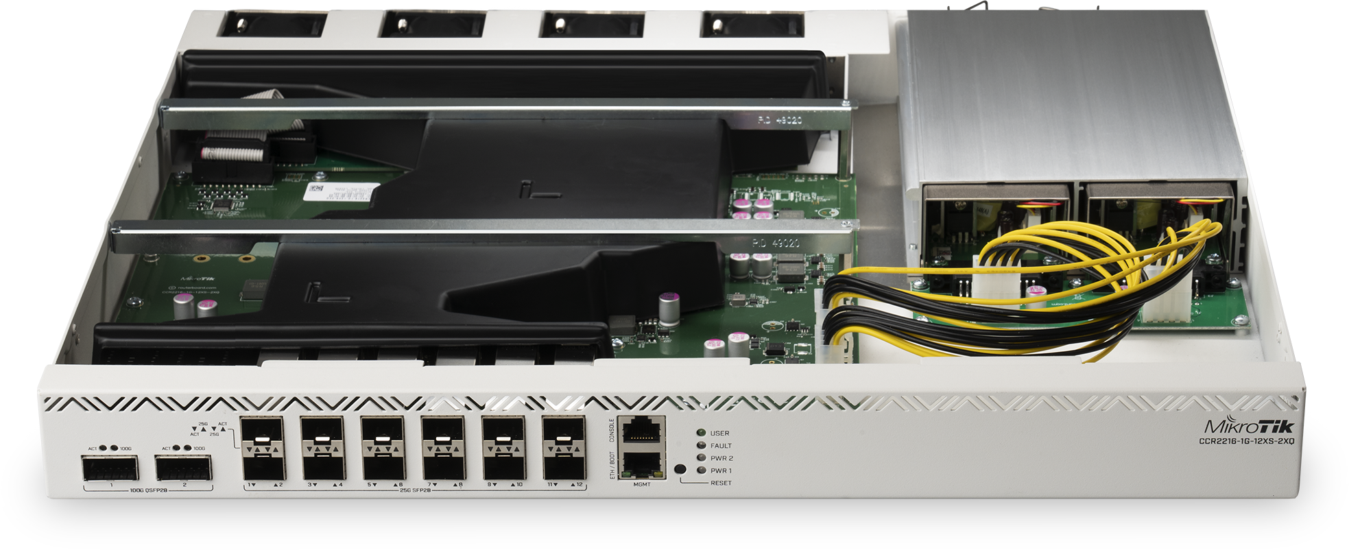 High-performance router with 16-core CPU, 16GB RAM, and 100GbE connectivity. Ideal for large-scale networks, data centers, and service providers. Features L3 Hardware Offloading, 12x SFP28, 2x QSFP28, and 1x Gigabit Ethernet port.