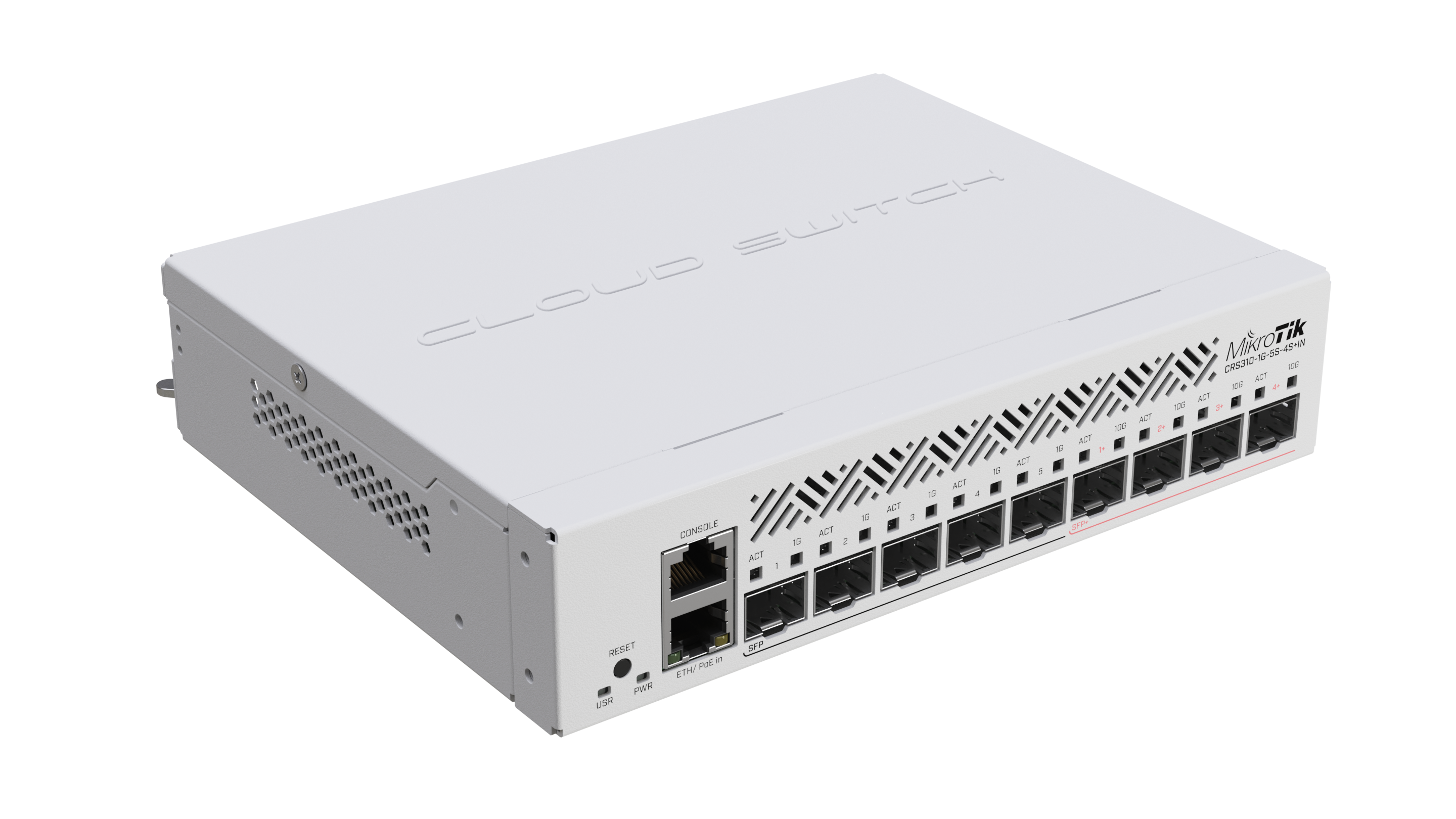 CRS310-1G-5S-4S+IN 10 Gigabit fibre connectivity way over a 100 meters – for small offices or ISPs. Hardware offloaded VLAN-filtering and even some L3 routing on a budget