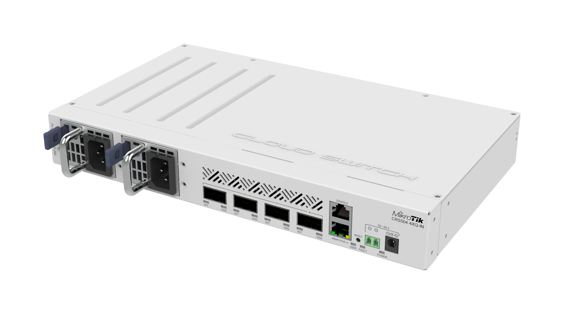 CRS504-4XQ-IN Your most affordable, compact, energy-efficient doorway to the world of 100 Gigabit networking. This switch is the next step in upgrading existing 10 or 25 Gigabit networks. Multiple powering options, dual hot-swap power supplies.