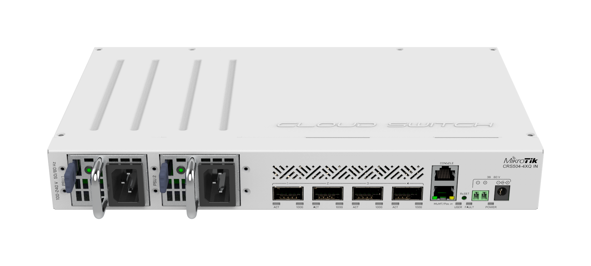 CRS504-4XQ-IN Your most affordable, compact, energy-efficient doorway to the world of 100 Gigabit networking. This switch is the next step in upgrading existing 10 or 25 Gigabit networks. Multiple powering options, dual hot-swap power supplies.