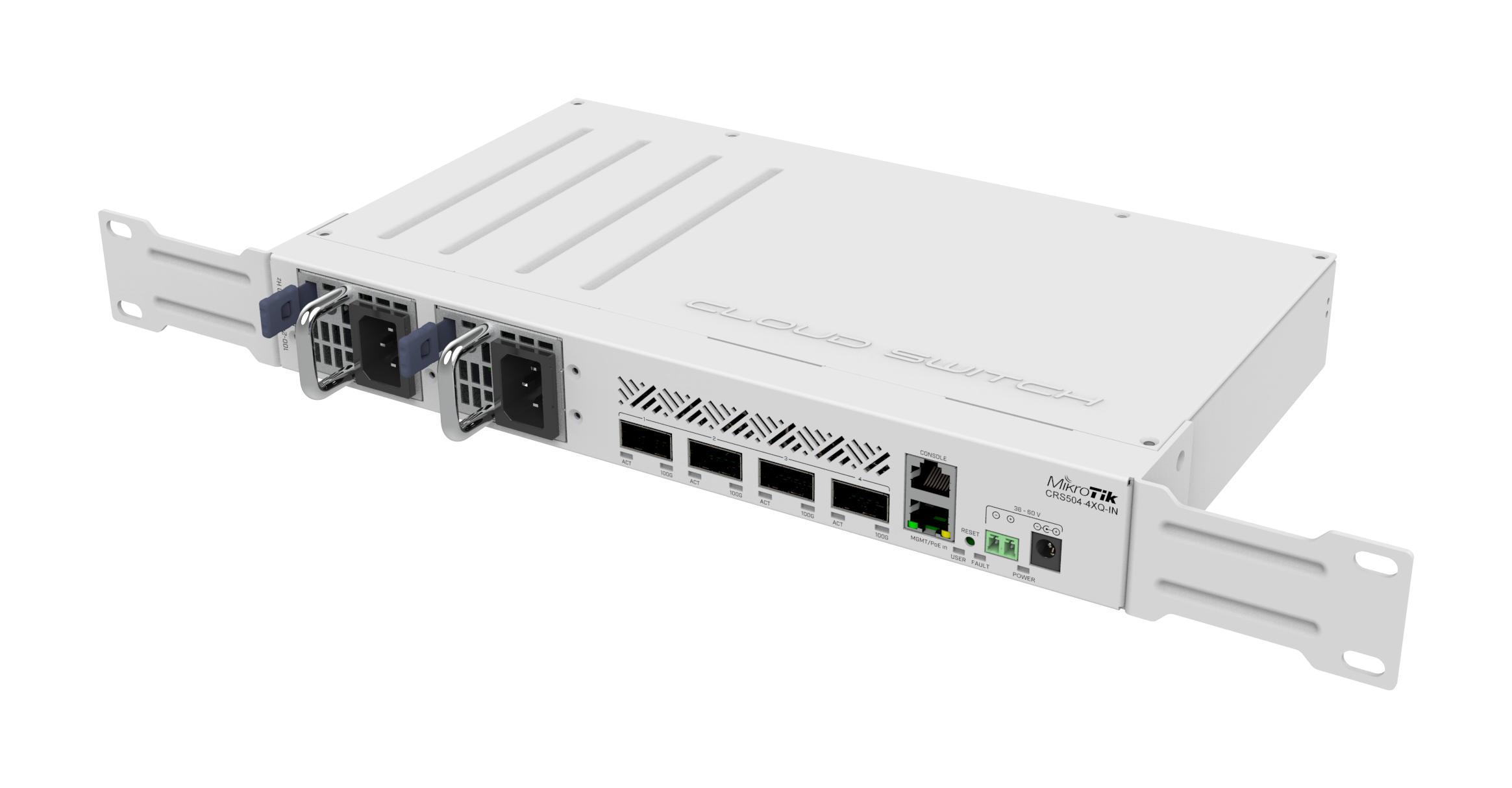 CRS504-4XQ-IN Your most affordable, compact, energy-efficient doorway to the world of 100 Gigabit networking. This switch is the next step in upgrading existing 10 or 25 Gigabit networks. Multiple powering options, dual hot-swap power supplies.