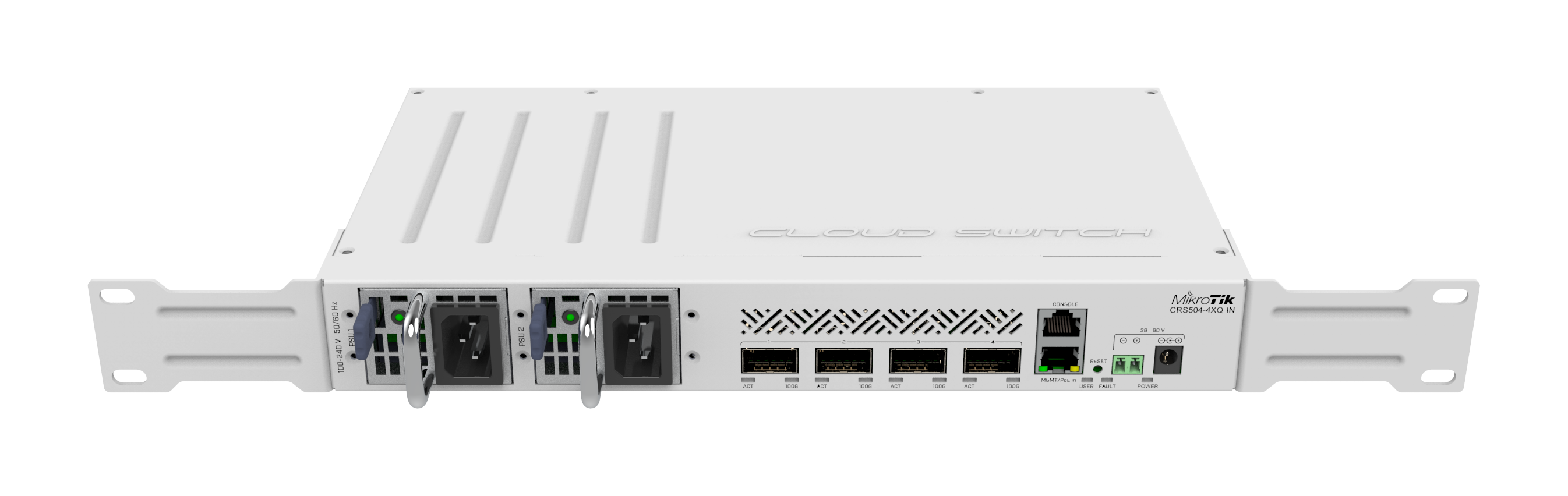 CRS504-4XQ-IN Your most affordable, compact, energy-efficient doorway to the world of 100 Gigabit networking. This switch is the next step in upgrading existing 10 or 25 Gigabit networks. Multiple powering options, dual hot-swap power supplies.