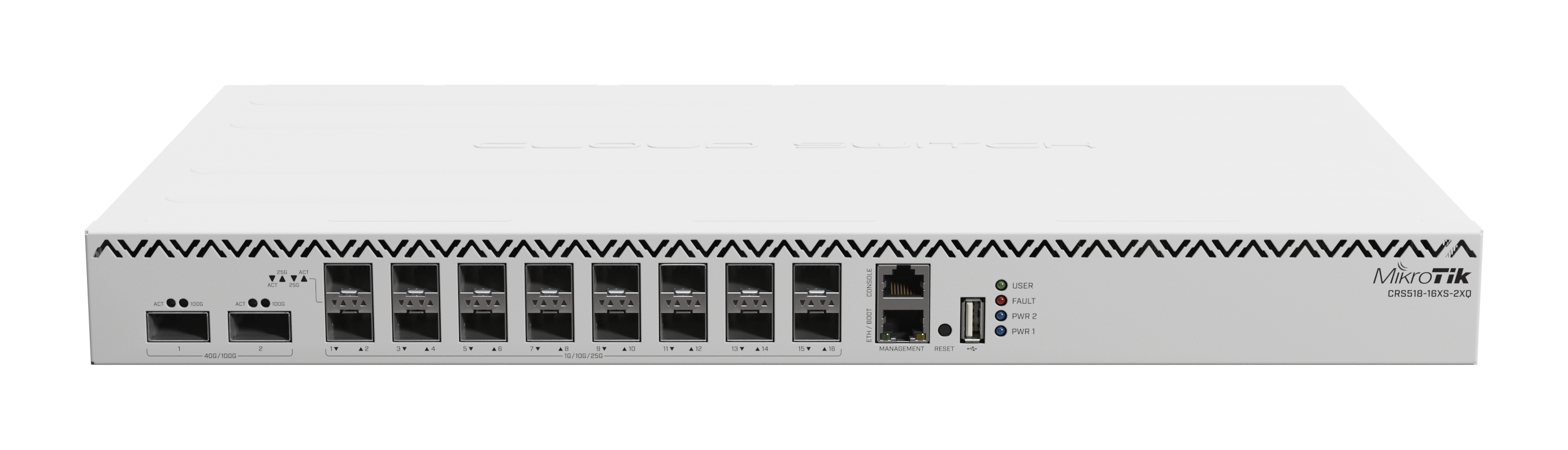 CRS518-16XS-2XQ-RM A 100 Gigabit switch for enterprise networks and data centers. Hot-swappable parts and insane port density with 1.2 Tbps switching capacity!