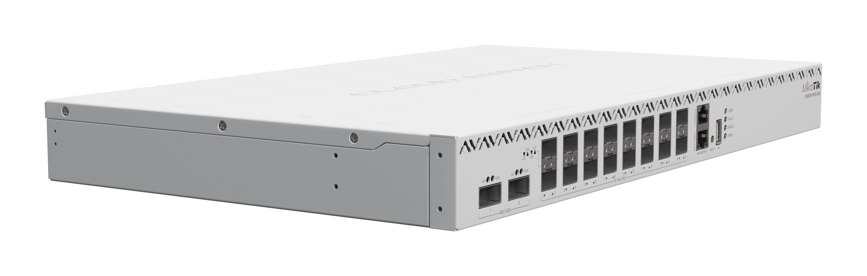 CRS518-16XS-2XQ-RM A 100 Gigabit switch for enterprise networks and data centers. Hot-swappable parts and insane port density with 1.2 Tbps switching capacity!