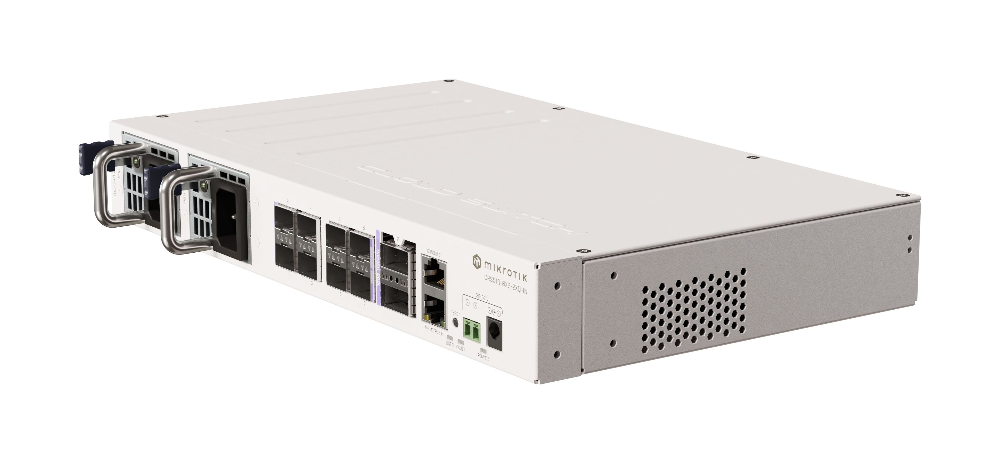 CRS510-8XS-2XQ-IN A versatile 100 Gigabit switch that offers speed, value, and diverse connectivity options. 2x 100 Gigabit QSFP28 ports, 8x 25 Gigabit SFP28 ports, dual hot-swap power supplies.