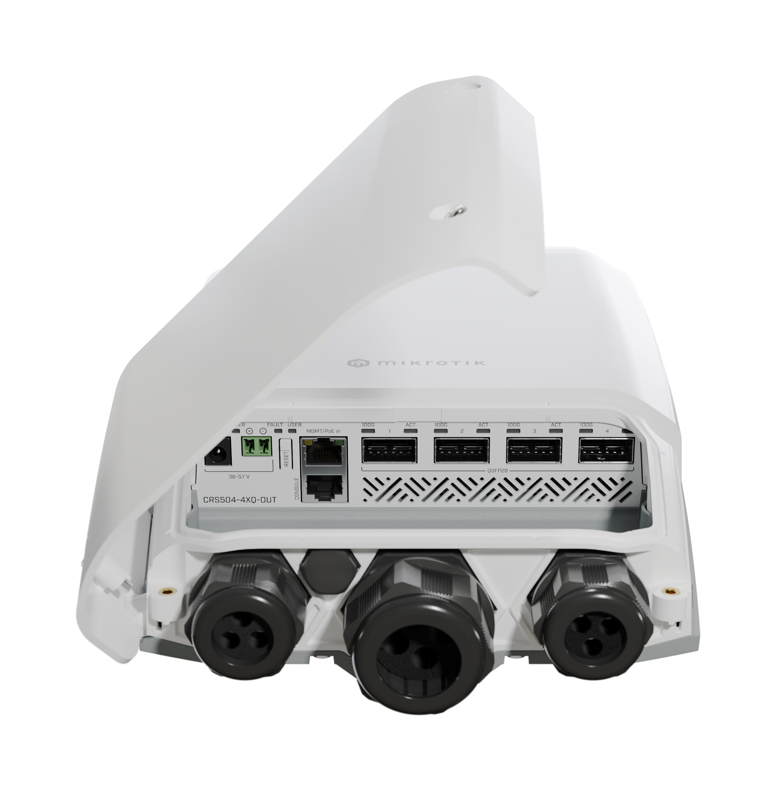  CRS504-4XQ-OUT Affordable, compact, energy-efficient 100 Gbps networking anytime, ANYWHERE! IP66 weatherproof enclosure, 4x 100 Gigabit ports, multiple powering options.