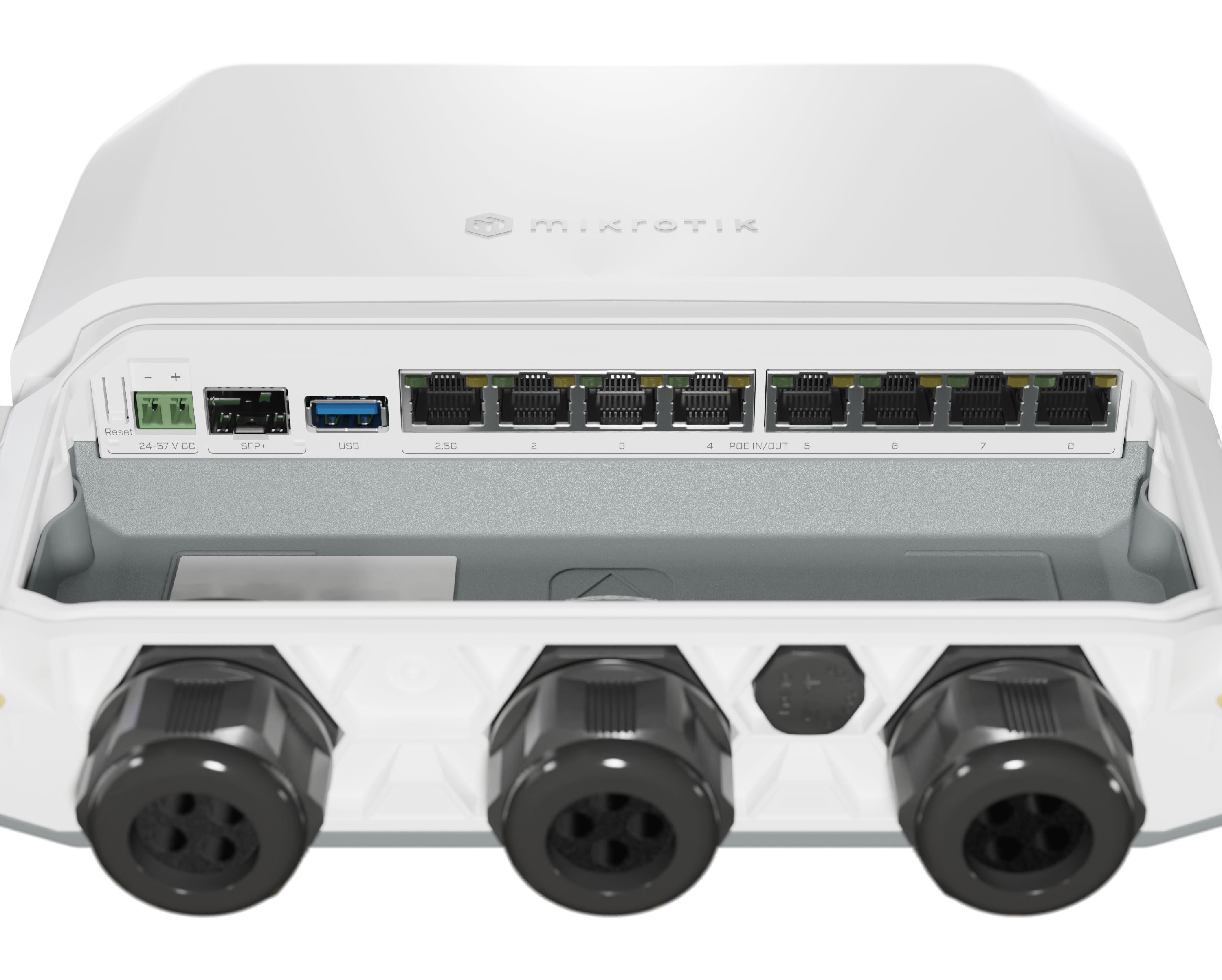 RB5009UPr+S+OUT An outdoor version of our best-selling heavy-duty PoE router. Extensive power redundancy for the best price! 7x Gigabit Ethernet ports, 1x 2.5 Gigabit Ethernet, 10G SFP+, 1GB of RAM, 1GB NAND, modern quad-core CPU, 9 (!) powering options, durable IP66 waterproof enclosure.