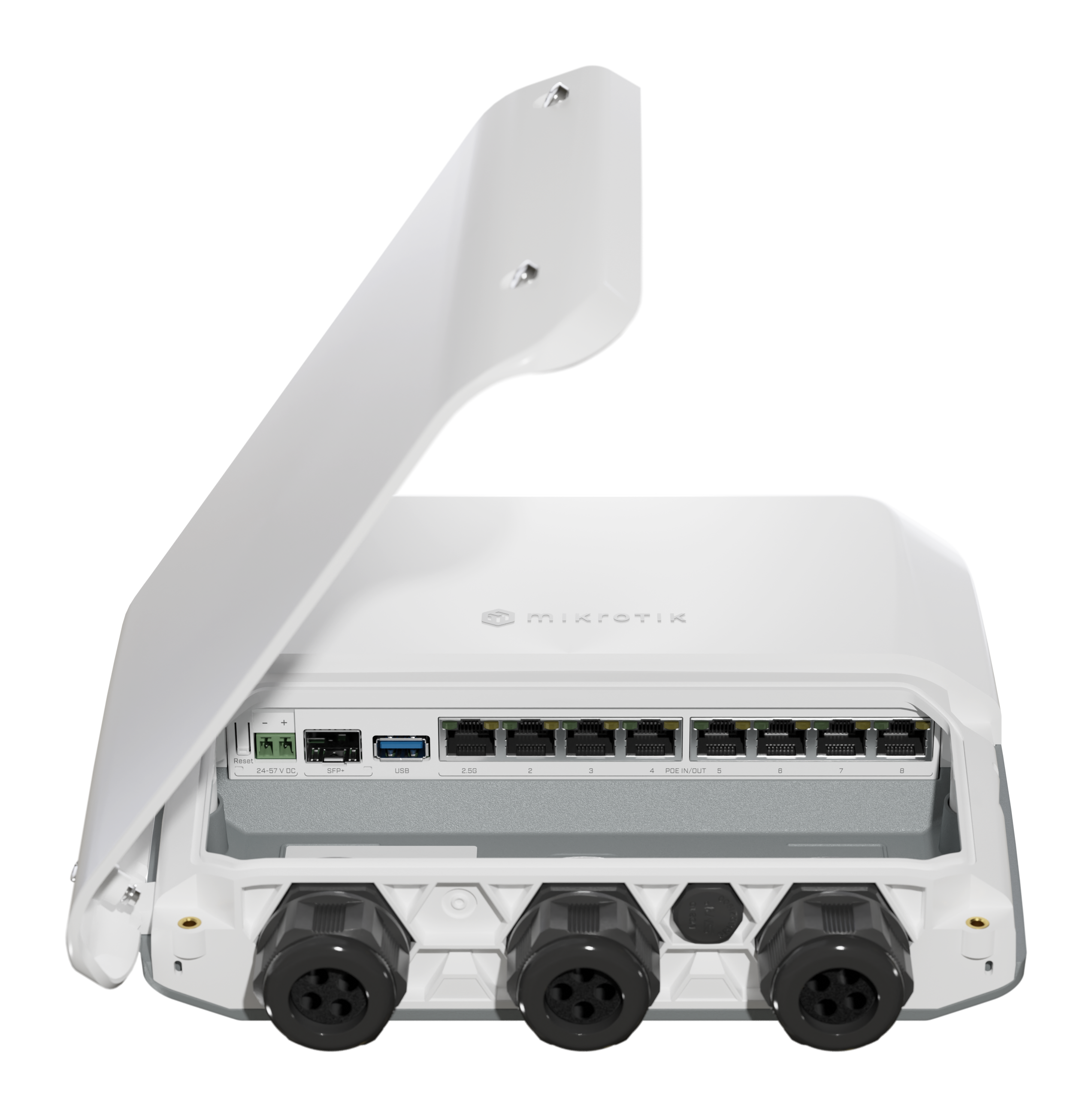 RB5009UPr+S+OUT An outdoor version of our best-selling heavy-duty PoE router. Extensive power redundancy for the best price! 7x Gigabit Ethernet ports, 1x 2.5 Gigabit Ethernet, 10G SFP+, 1GB of RAM, 1GB NAND, modern quad-core CPU, 9 (!) powering options, durable IP66 waterproof enclosure.