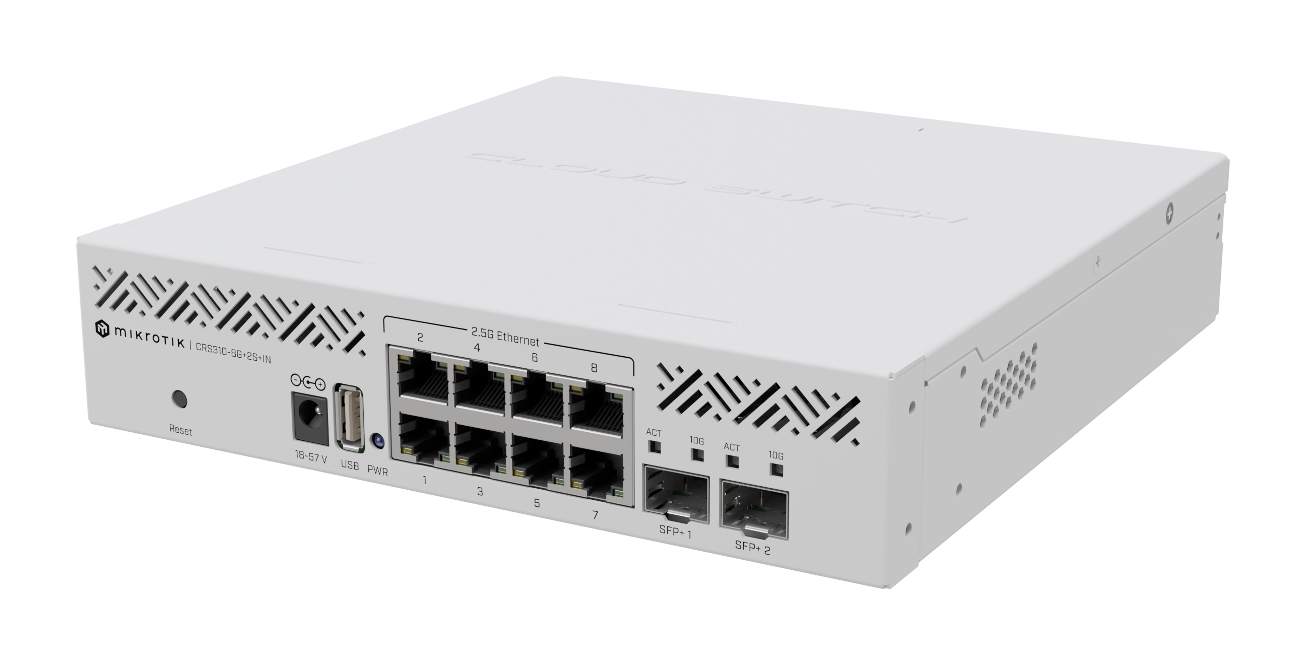 CRS310-8G+2S+IN Take advantage of the blazing fast 2.5/10 Gigabit combo and upgrade your workspace! This switch can utilize the full potential of RouterOS v7: run VLANs, Jumbo frames, link aggregation, ACL rules, and so much more!