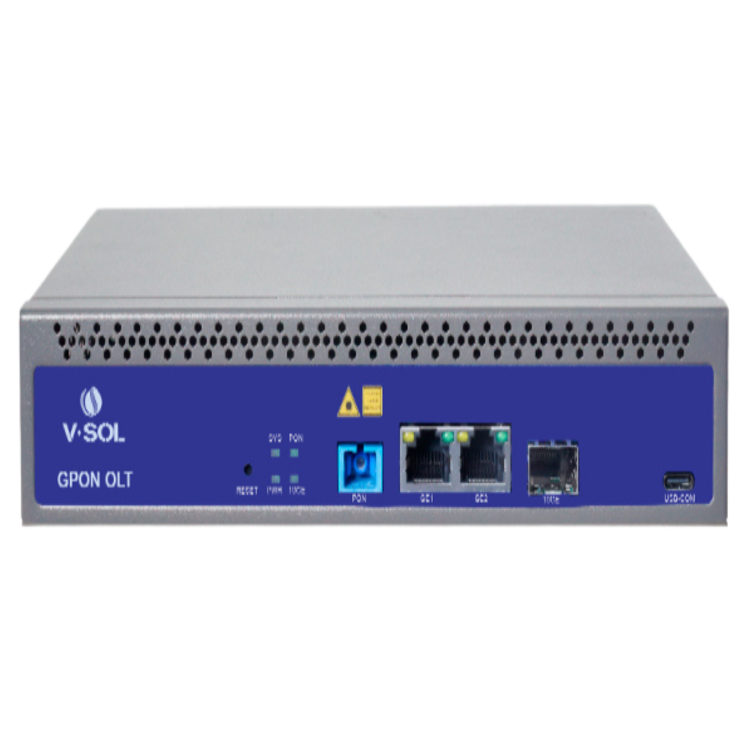 A front view of a V-SOL GPON OLT networking device with multiple ports and indicators.