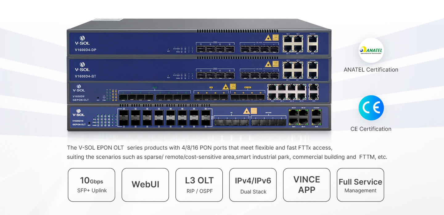 4 Port EPON OLT Model: V1600D4-DP/BT Spec: 4*EPON,4GE(RJ45)+4*10GE(SFP+) Dual power modules available in DC/AC Weight: 3.2kg