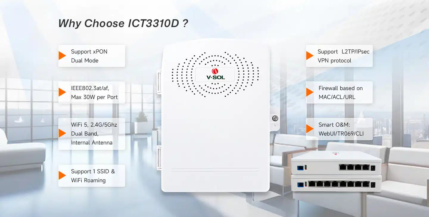 8GE+WiFi 5 ICT Model: ICT3310DPS-8G2NAC Spec: 1*XPON+8*GE+WiFi5+POE(optional) Weight: 320g