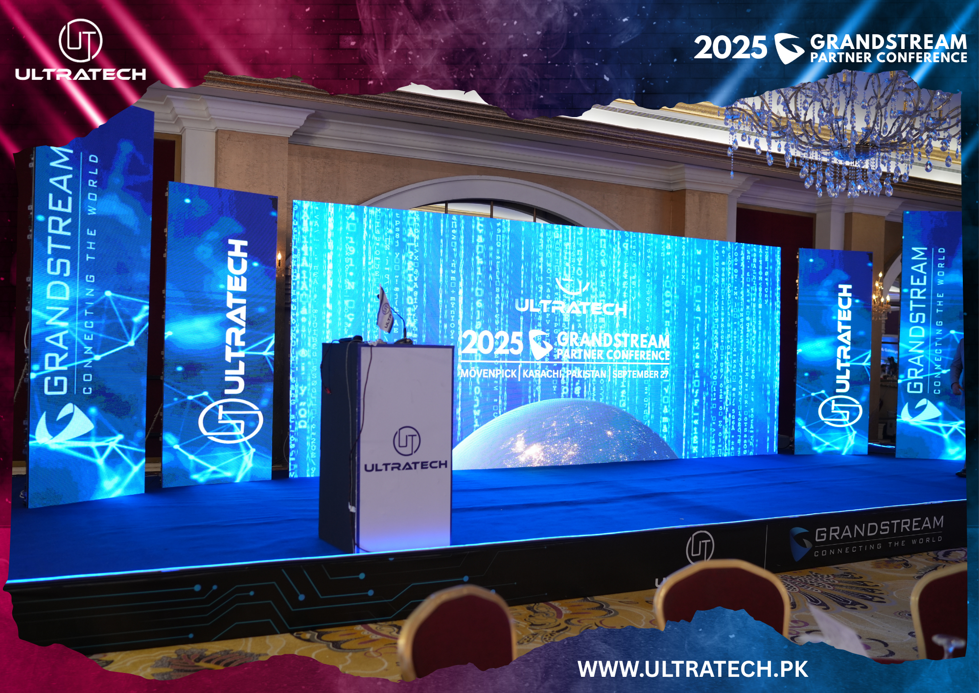 Stage setup with Grandstream and Ultratech branding at a conference event.