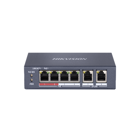 A Hikvision 4-port PoE network switch in dark gray, featuring five RJ45 ports (four PoE ports and one LAN port), shown against a plain white background.