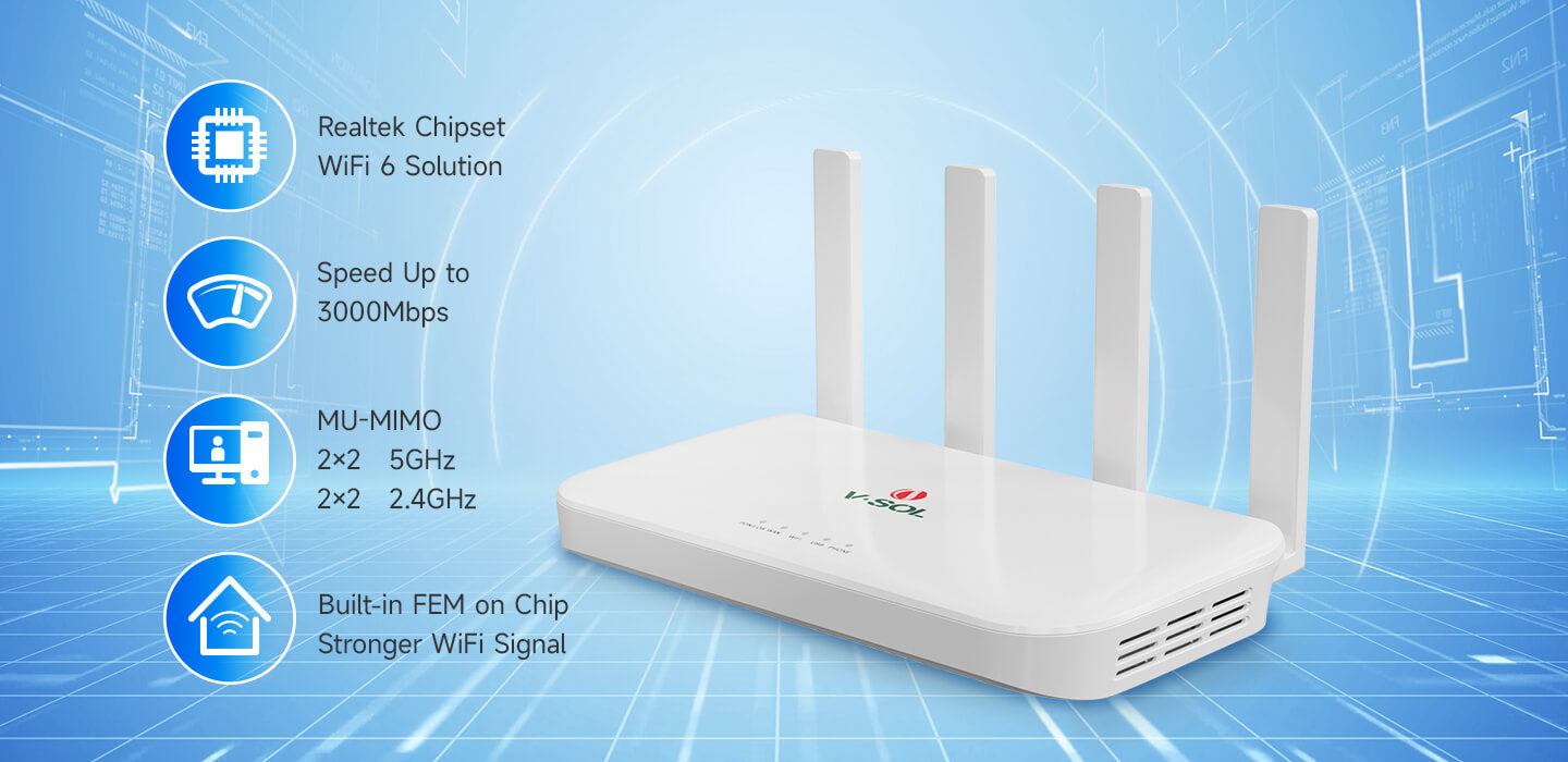 1XPON+4GE+1USB3.0+WiFi6 HGU ONT Model: V2804AX Spec: 1*XPON+4*GE+WiFi 6（AX1500/1800/3000）+1*USB 3.0 Weight: 340g