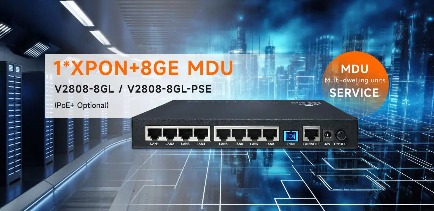 1XPON+8GE MDU ONU Model: V2808-8GL Spec: 1*XPON+8GE