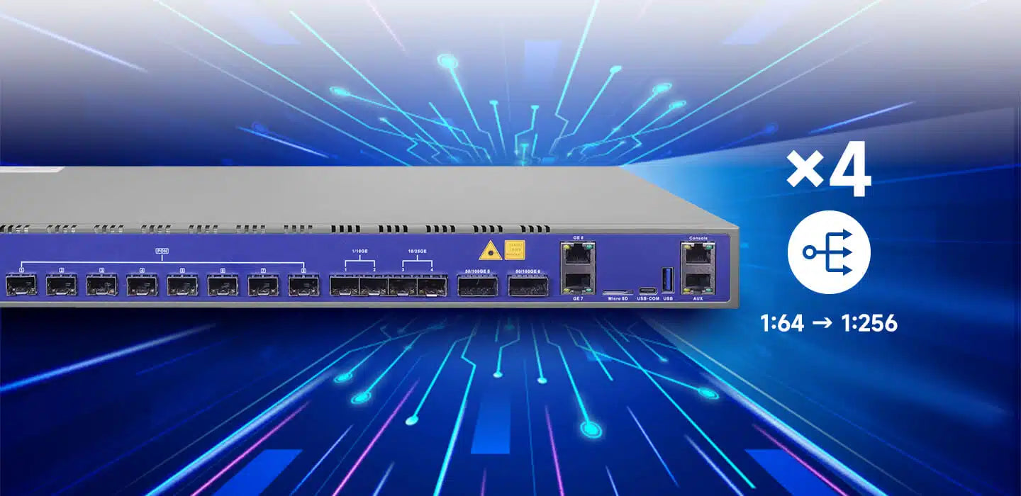 8 Port 10G EPON OLT Model: V3600D8 Spec: 8*10G EPON+2*10GE(SFP+)+2*25GE(SFP28)+2*100GE(QSFP28) Weight: 3.9kg