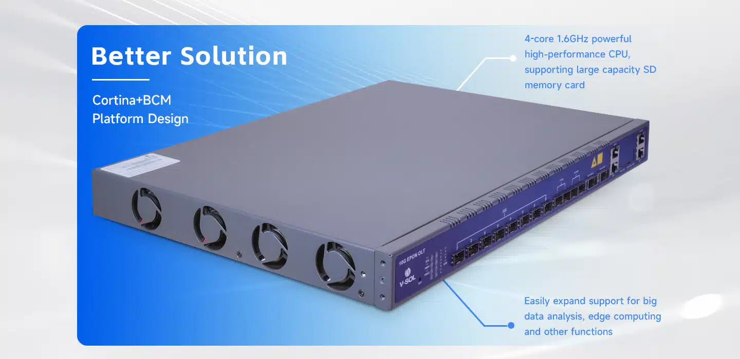 8 Port 10G EPON OLT Model: V3600D8 Spec: 8*10G EPON+2*10GE(SFP+)+2*25GE(SFP28)+2*100GE(QSFP28) Weight: 3.9kg