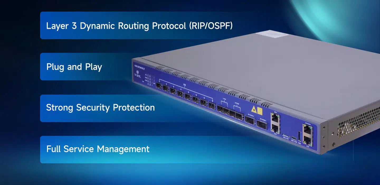 8 Port 10G EPON OLT Model: V3600D8 Spec: 8*10G EPON+2*10GE(SFP+)+2*25GE(SFP28)+2*100GE(QSFP28) Weight: 3.9kg