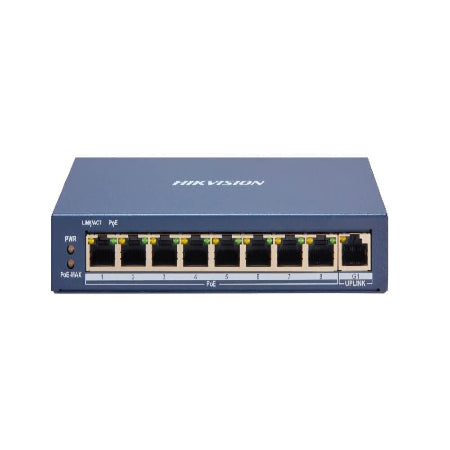 A Hikvision 8-port network switch in a dark blue-gray color, featuring eight RJ45 ports on the front face with status LEDs and port labels.